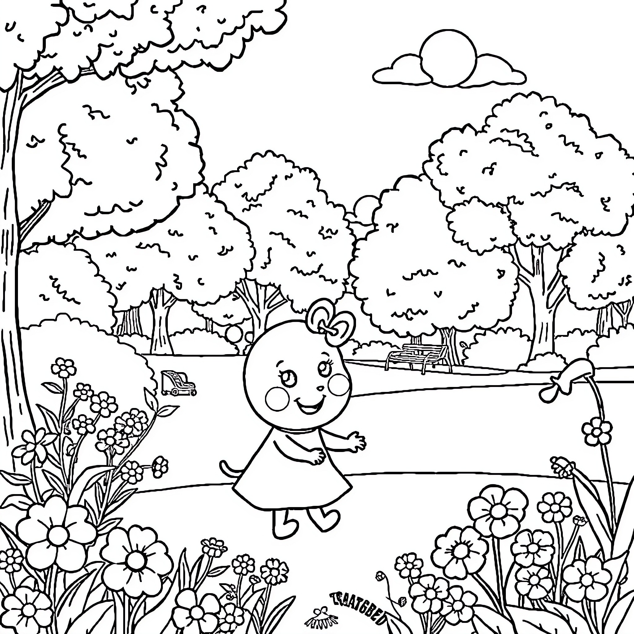 Pepa's Playful Adventure in the Floral Park Coloring Page (free black-and-white line drawing printable PDF for all, from beginners to advanced learners, including children, teens, adults, and seniors)