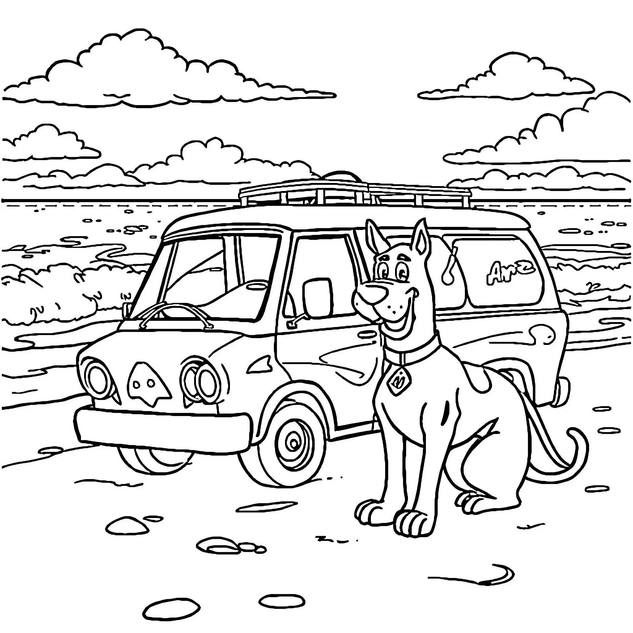 Scooby Doo's Adventure in the Countryside Coloring Page (free black-and-white line drawing printable PDF for all, from beginners to advanced learners, including children, teens, adults, and seniors)
