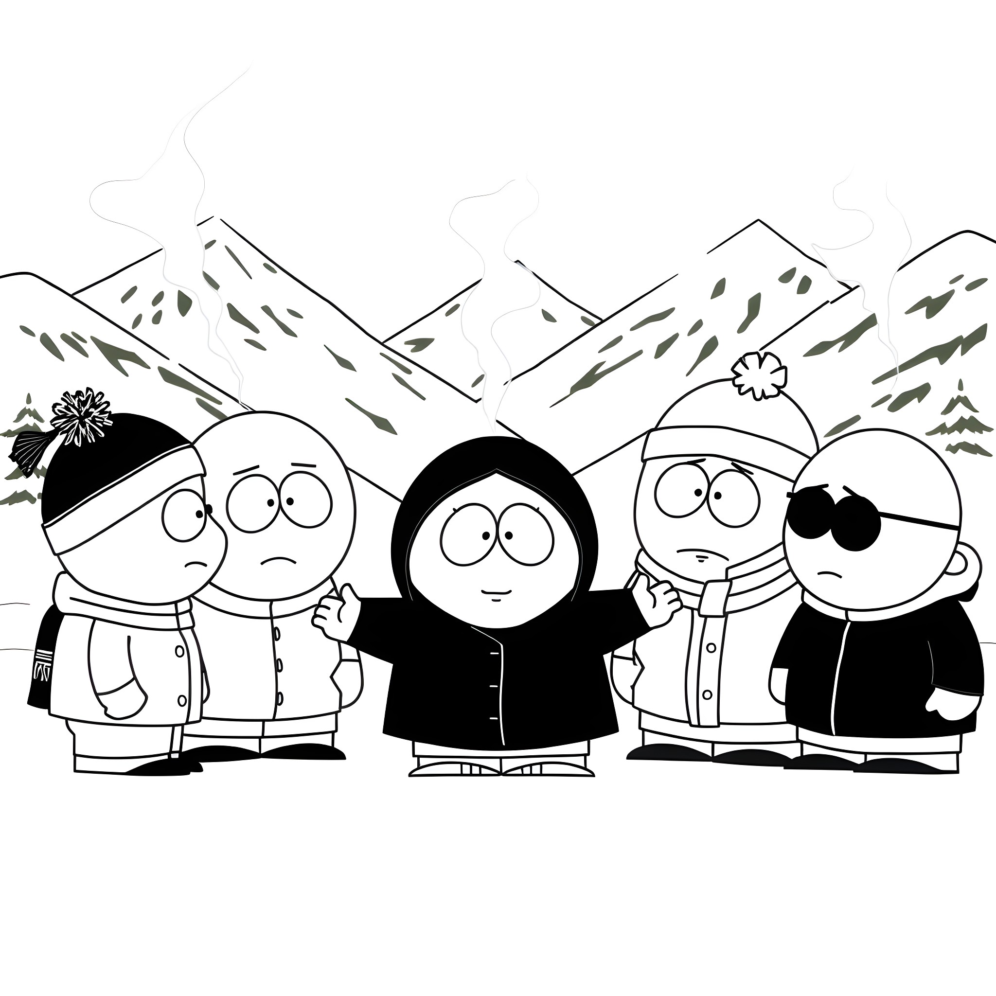 South Park characters exploring the snowy mountains Coloring Page (free black-and-white line drawing printable PDF for all, from beginners to advanced learners, including children, teens, adults, and seniors)