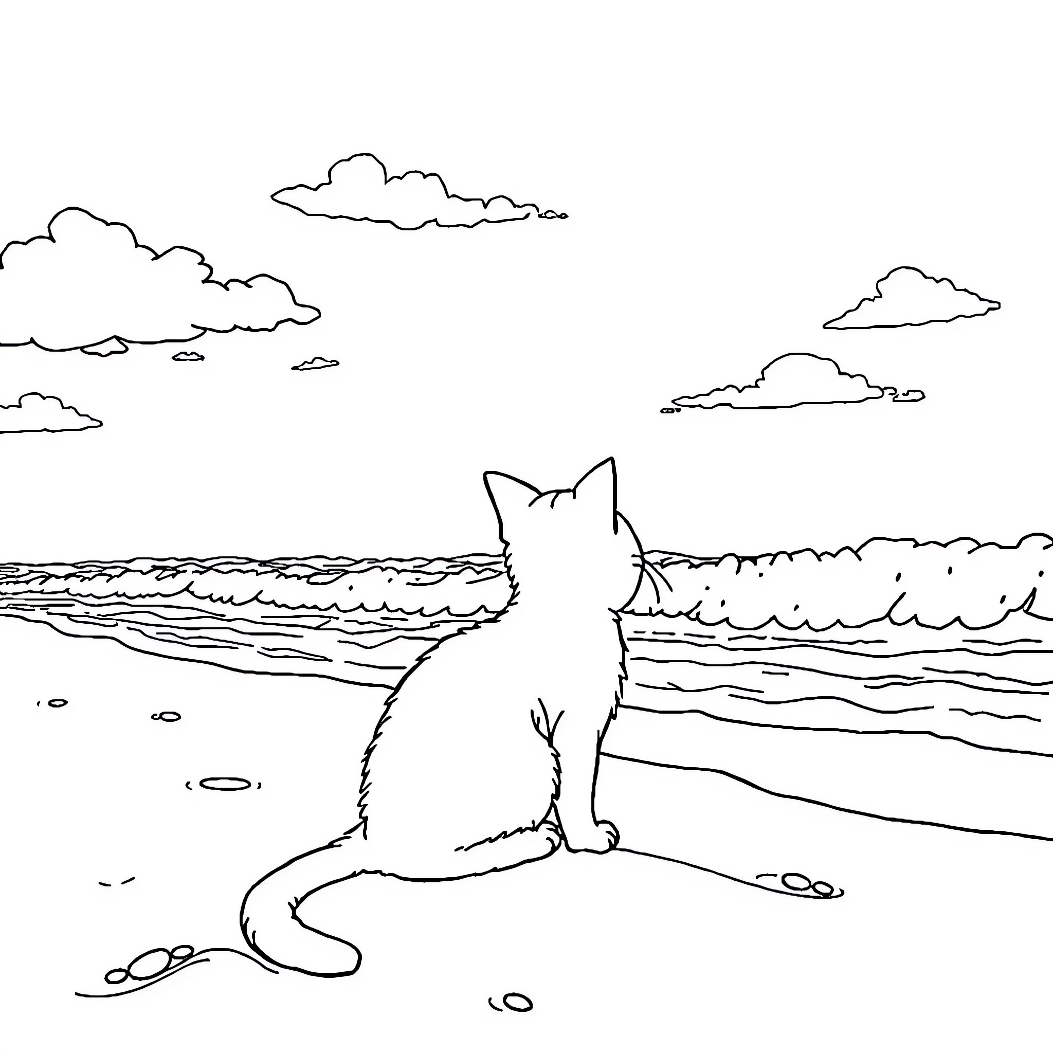 Cat enjoying scenic ocean view Coloring Page (free black-and-white line drawing printable PDF for all, from beginners to advanced learners, including children, teens, adults, and seniors)
