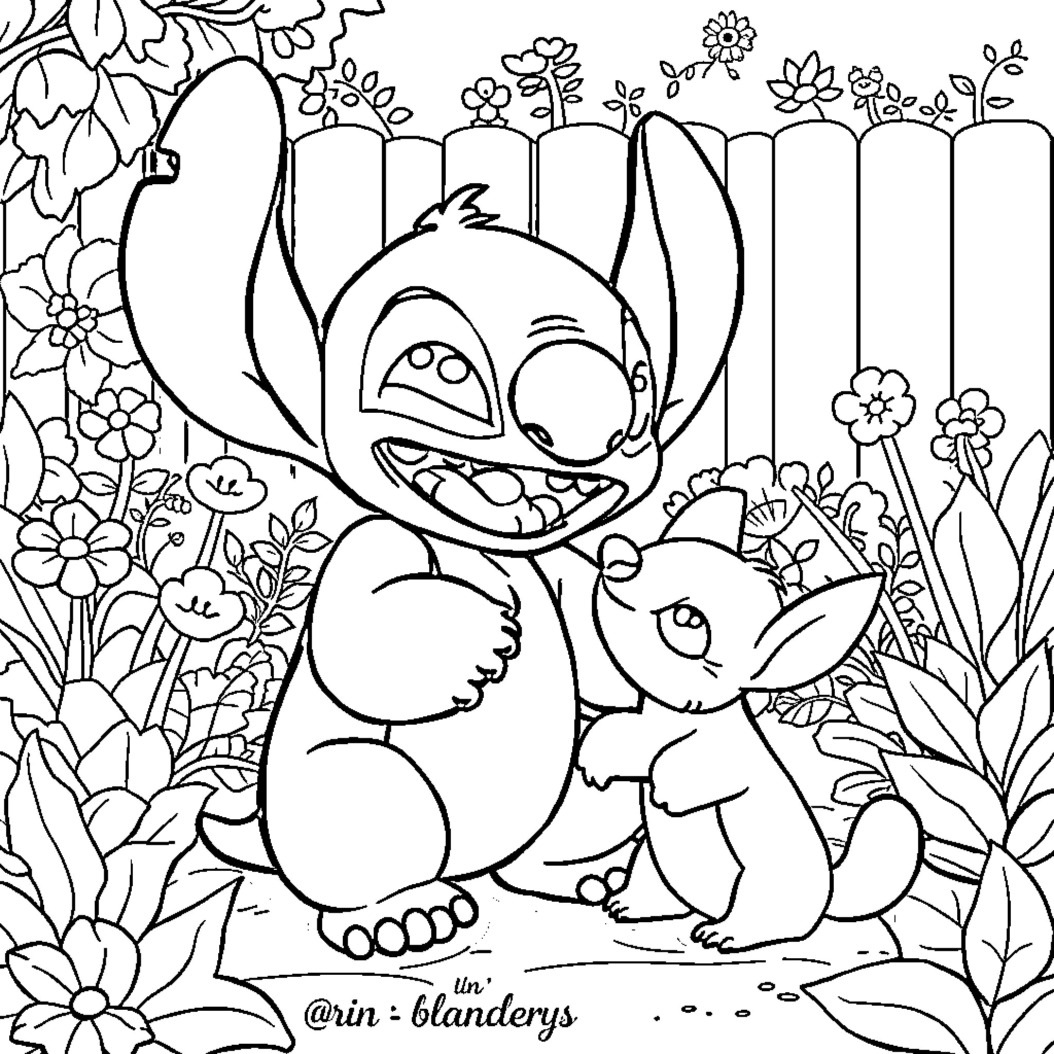 Stitch embracing a cute friend in a floral garden Coloring Page (free black-and-white line drawing printable PDF for all, from beginners to advanced learners, including children, teens, adults, and seniors)
