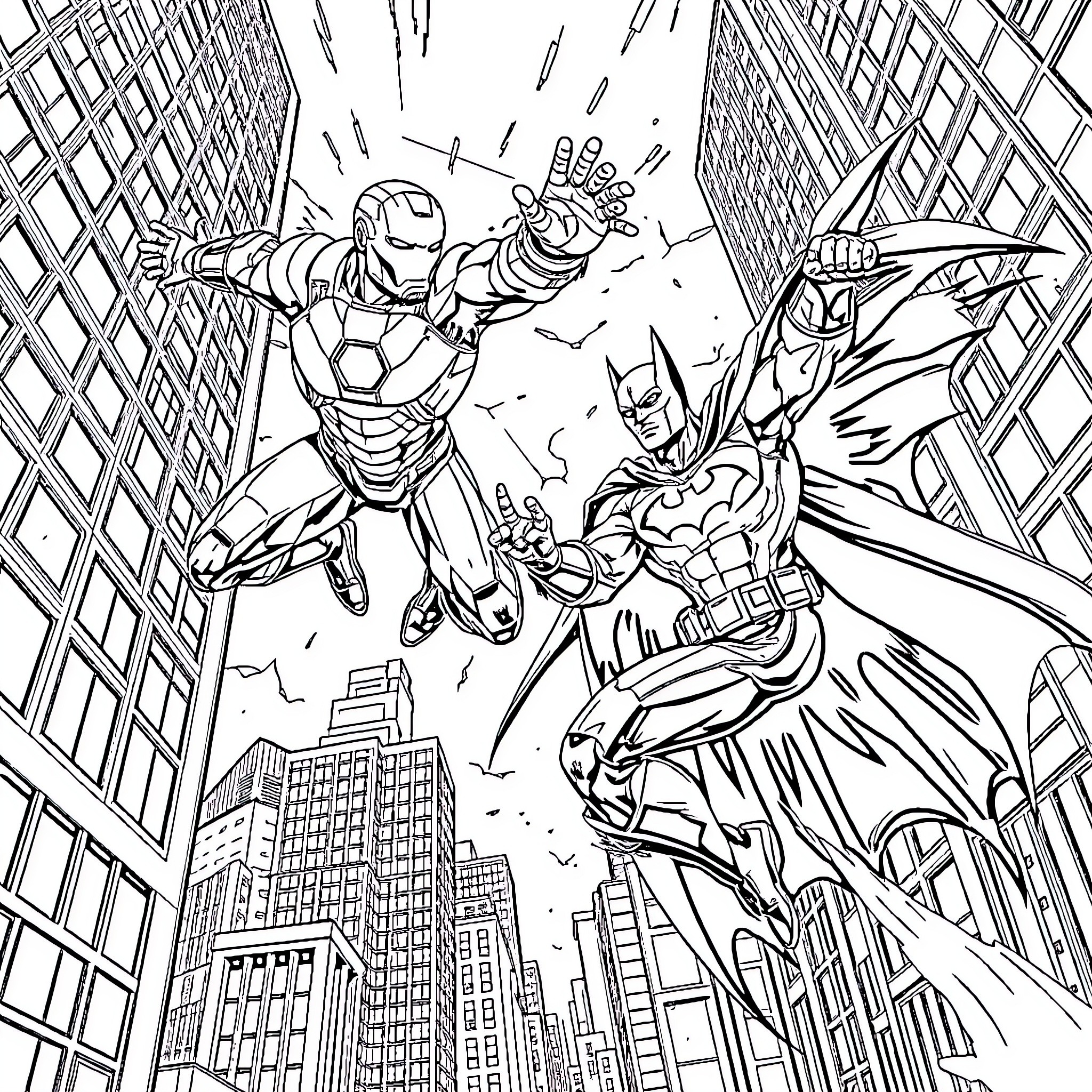 Iron Man and Batman in Heroic Aerial Combat Coloring Page (free black-and-white line drawing printable PDF for all, from beginners to advanced learners, including children, teens, adults, and seniors)
