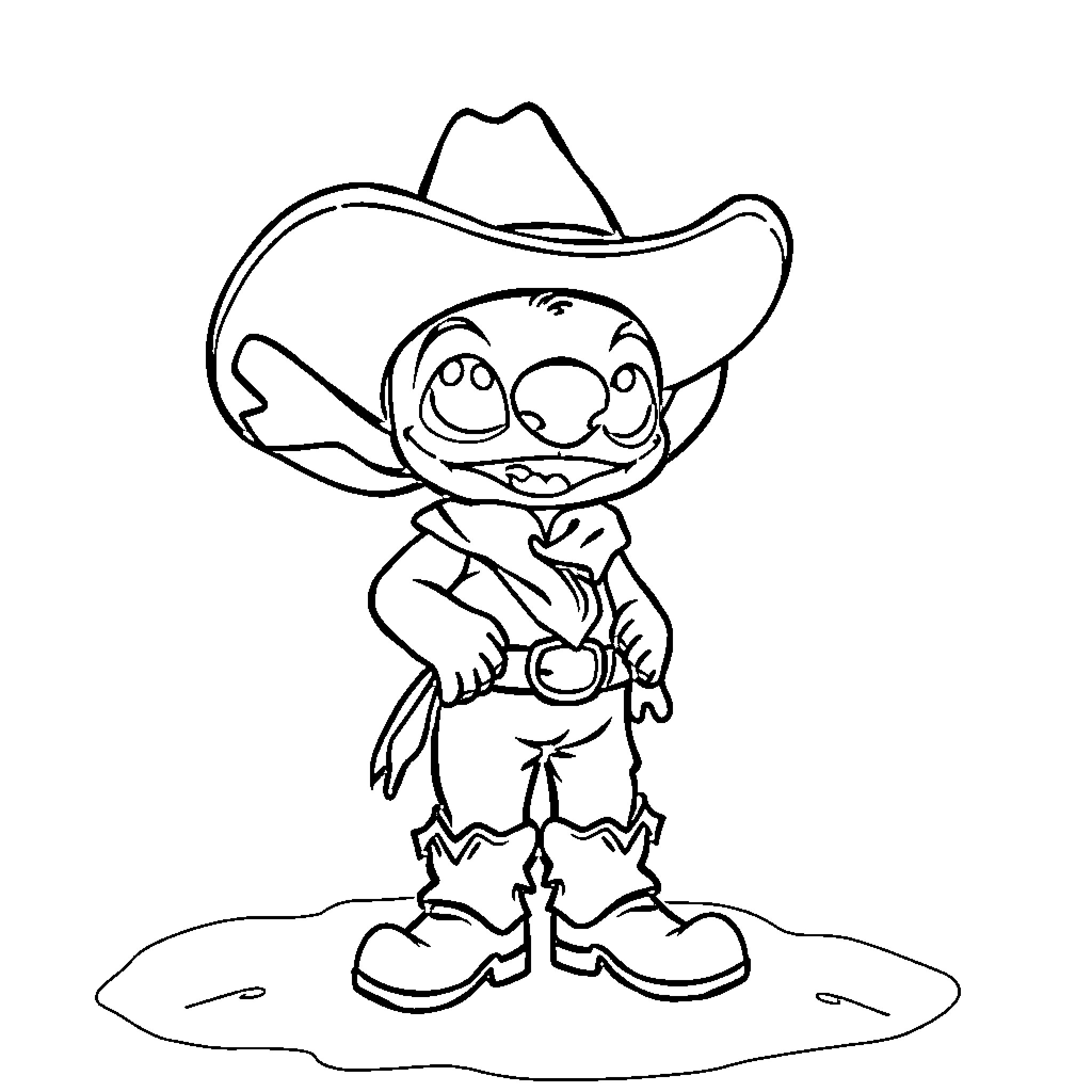Stitch dressed as a cowboy Coloring Page (free black-and-white line drawing printable PDF for all, from beginners to advanced learners, including children, teens, adults, and seniors)