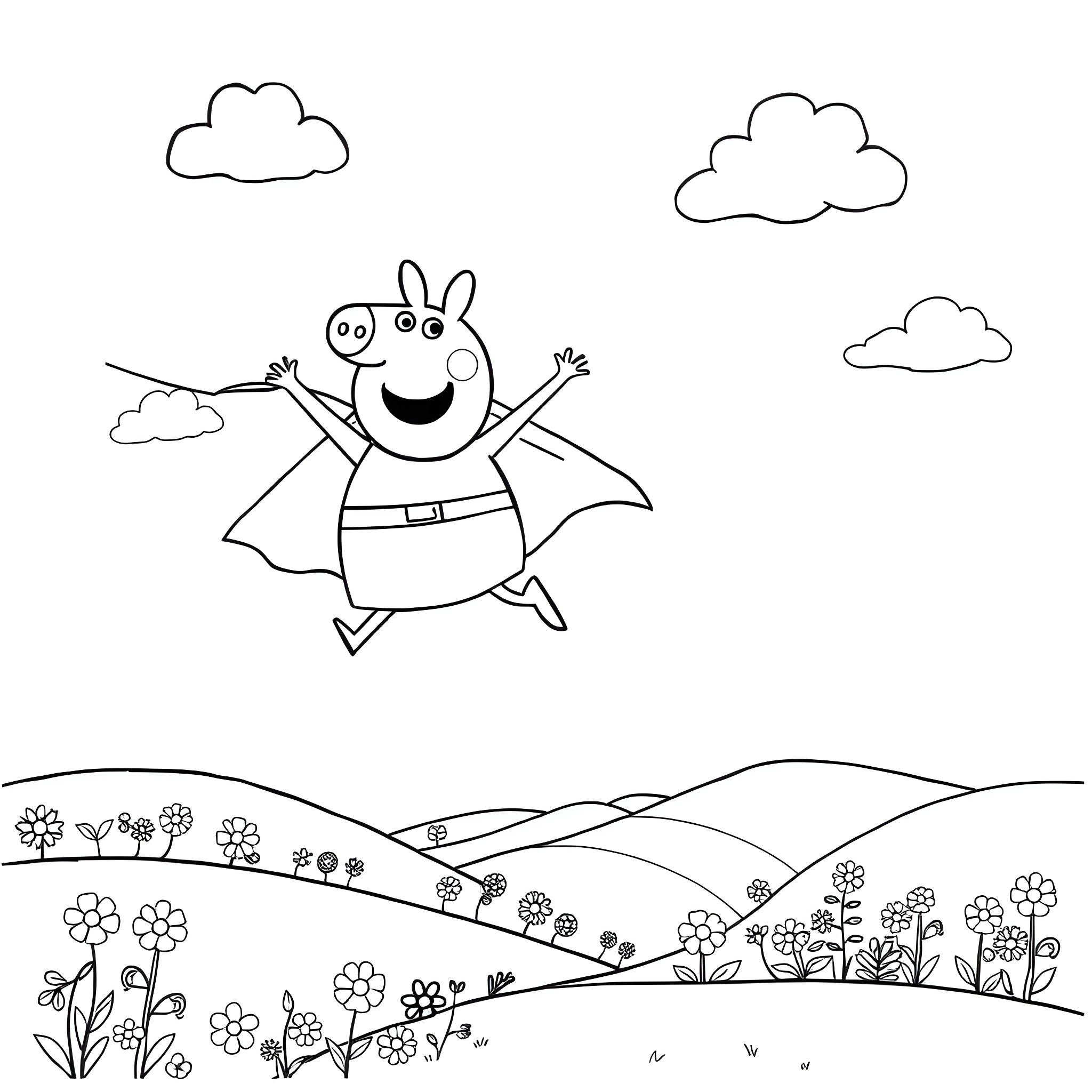 Peppa Pig flying with happiness in the sky Coloring Page (free black-and-white line drawing printable PDF for all, from beginners to advanced learners, including children, teens, adults, and seniors)