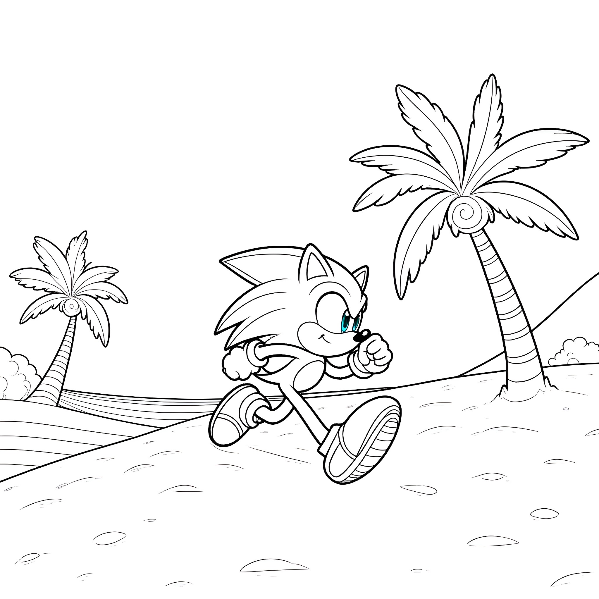 Sonic the Hedgehog running on a tropical beach Coloring Page (free black-and-white line drawing printable PDF for all, from beginners to advanced learners, including children, teens, adults, and seniors)
