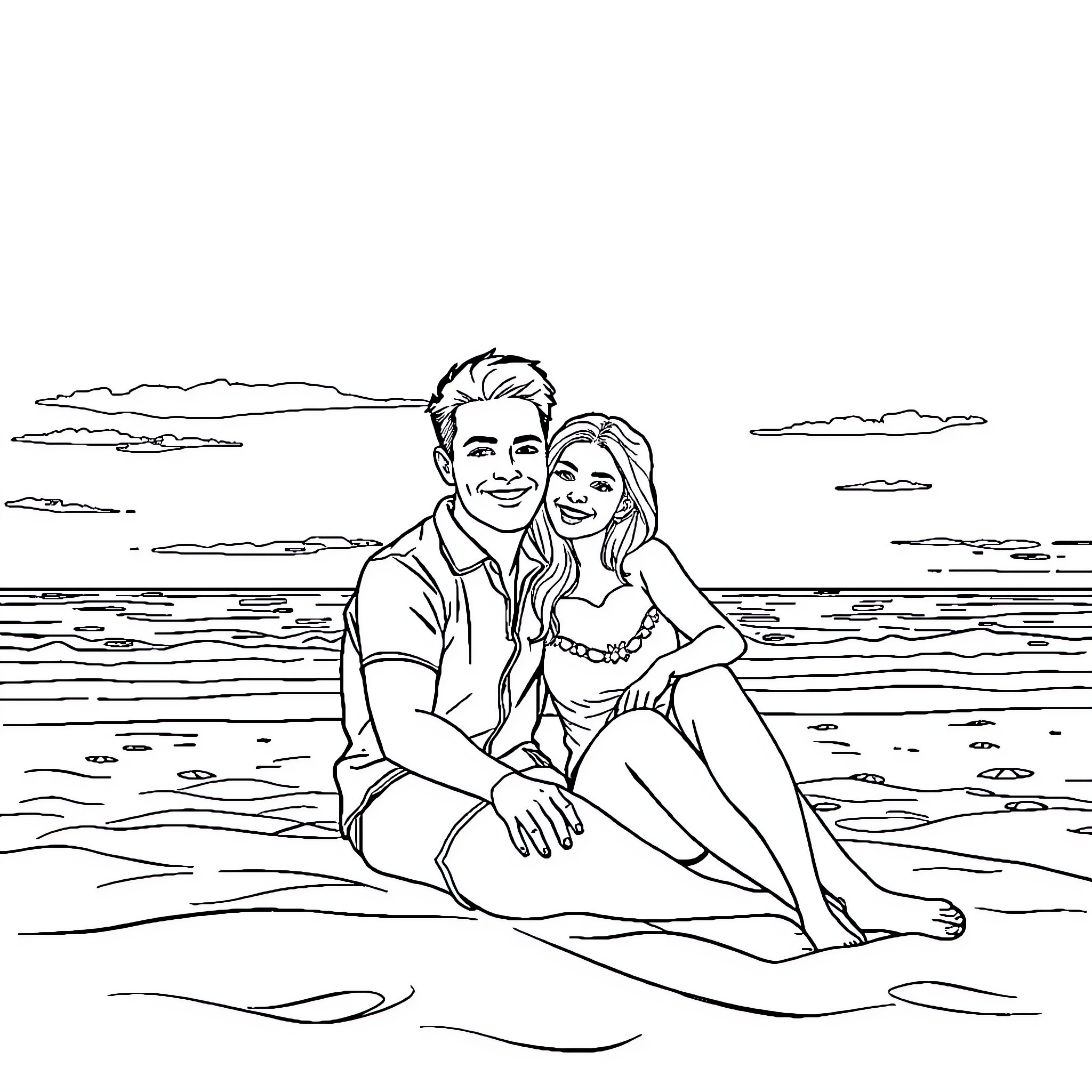 Couple enjoying a romantic beach outing Coloring Page (free black-and-white line drawing printable PDF for all, from beginners to advanced learners, including children, teens, adults, and seniors)
