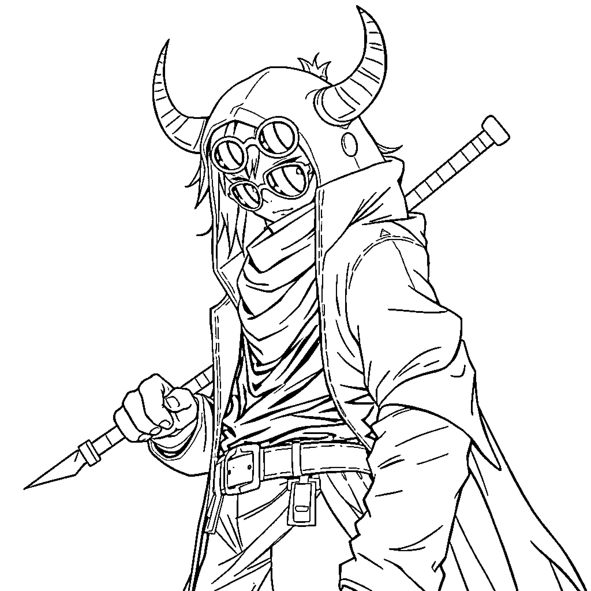 Rumi the Demon Slayer in Action Coloring Page (free black-and-white line drawing printable PDF for all, from beginners to advanced learners, including children, teens, adults, and seniors)