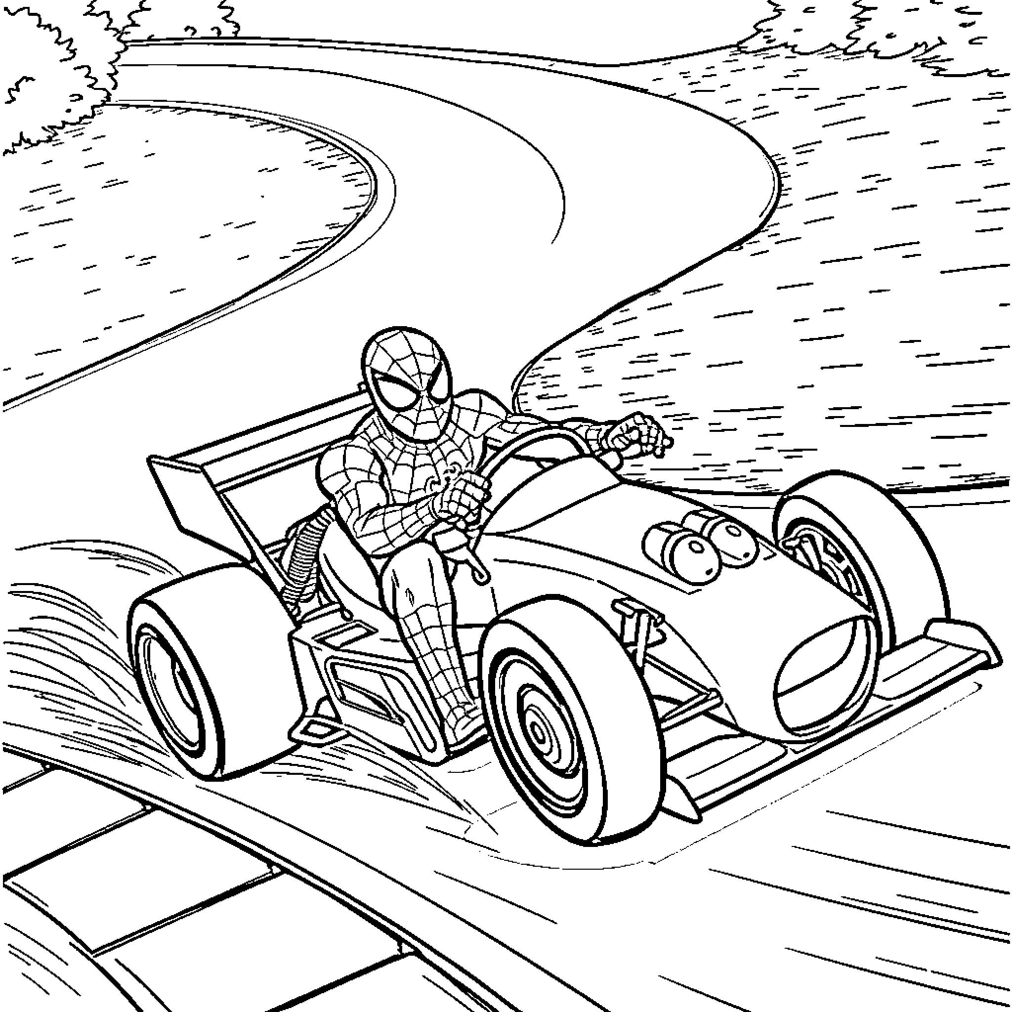 Spiderman driving a race car along a winding road Coloring Page (free black-and-white line drawing printable PDF for all, from beginners to advanced learners, including children, teens, adults, and seniors)