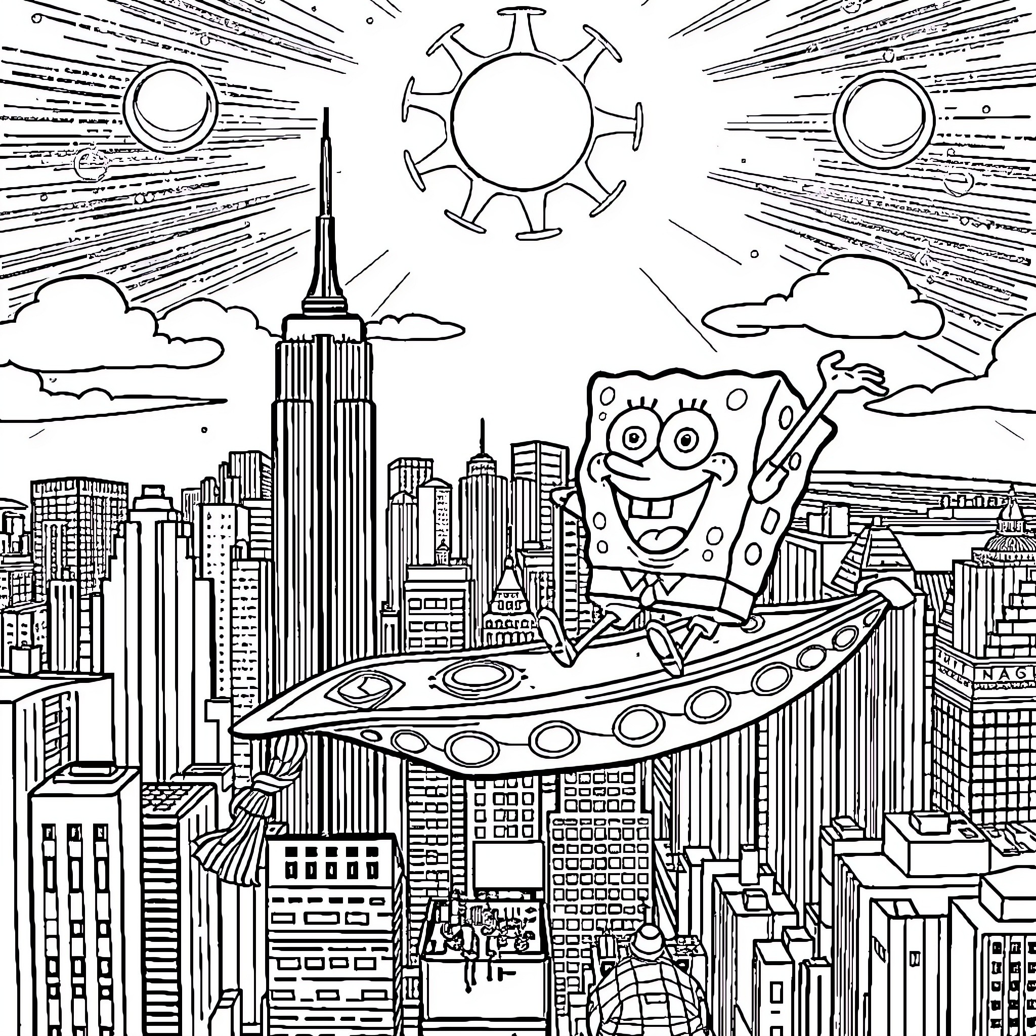 Spongebob exploring the city in a spaceship Coloring Page (free black-and-white line drawing printable PDF for all, from beginners to advanced learners, including children, teens, adults, and seniors)