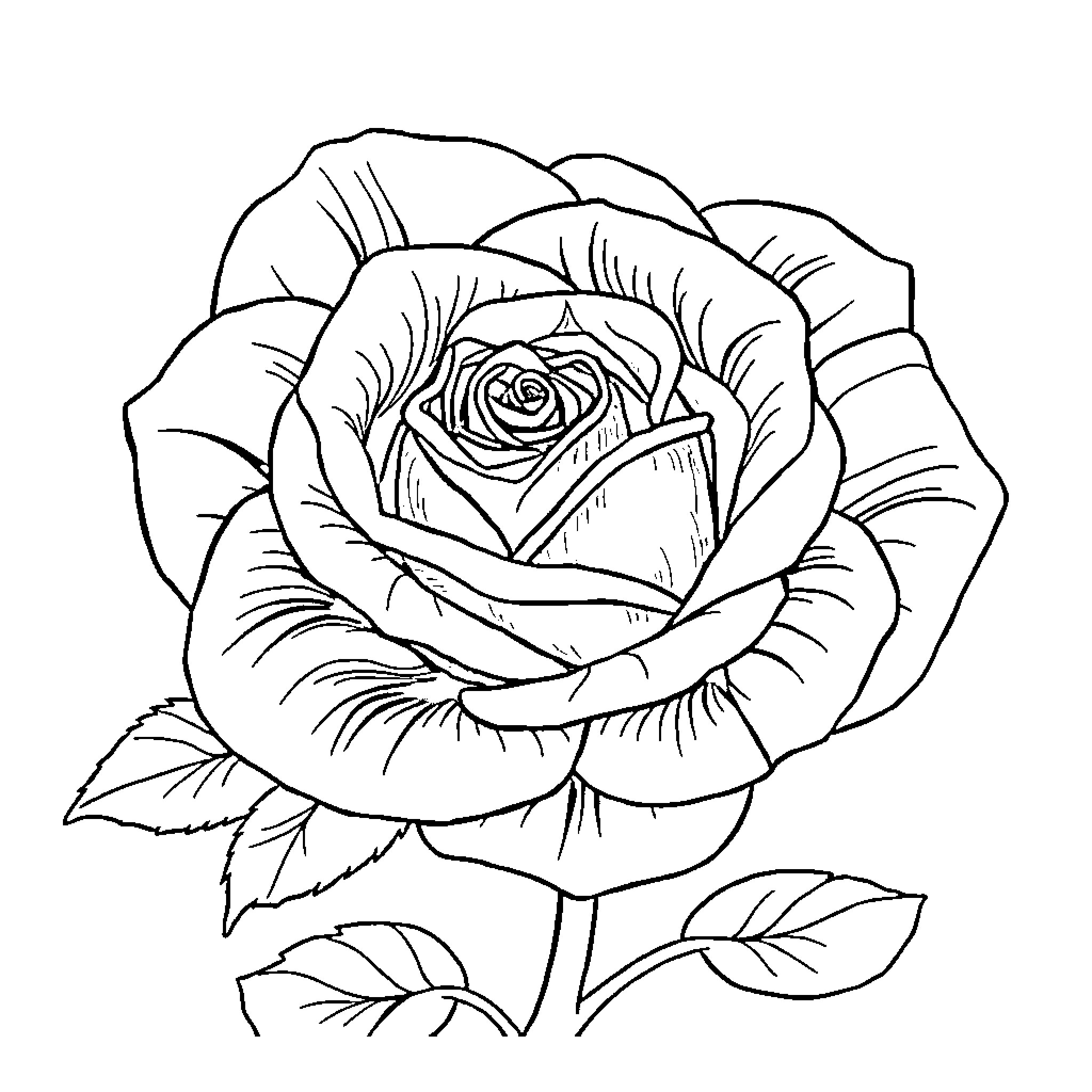 Rose blooming beautifully on the stem Coloring Page (free black-and-white line drawing printable PDF for all, from beginners to advanced learners, including children, teens, adults, and seniors)