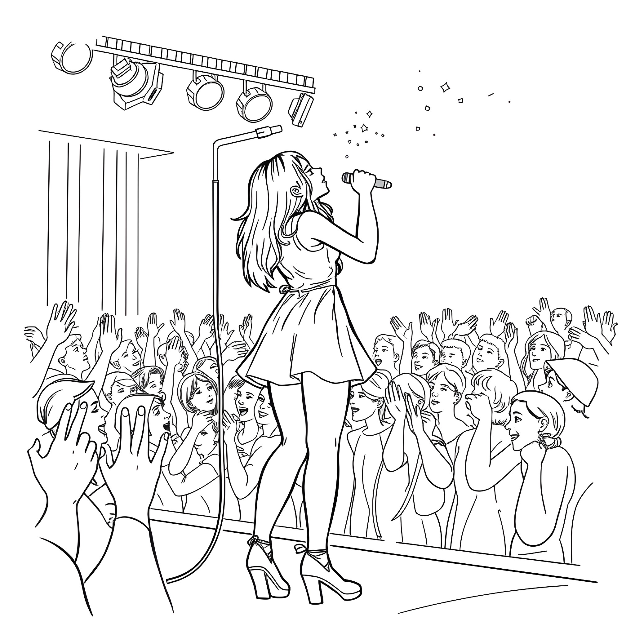 Teenage Girl Performing on Stage Before Cheering Crowd Coloring Page (free black-and-white line drawing printable PDF for all, from beginners to advanced learners, including children, teens, adults, and seniors)