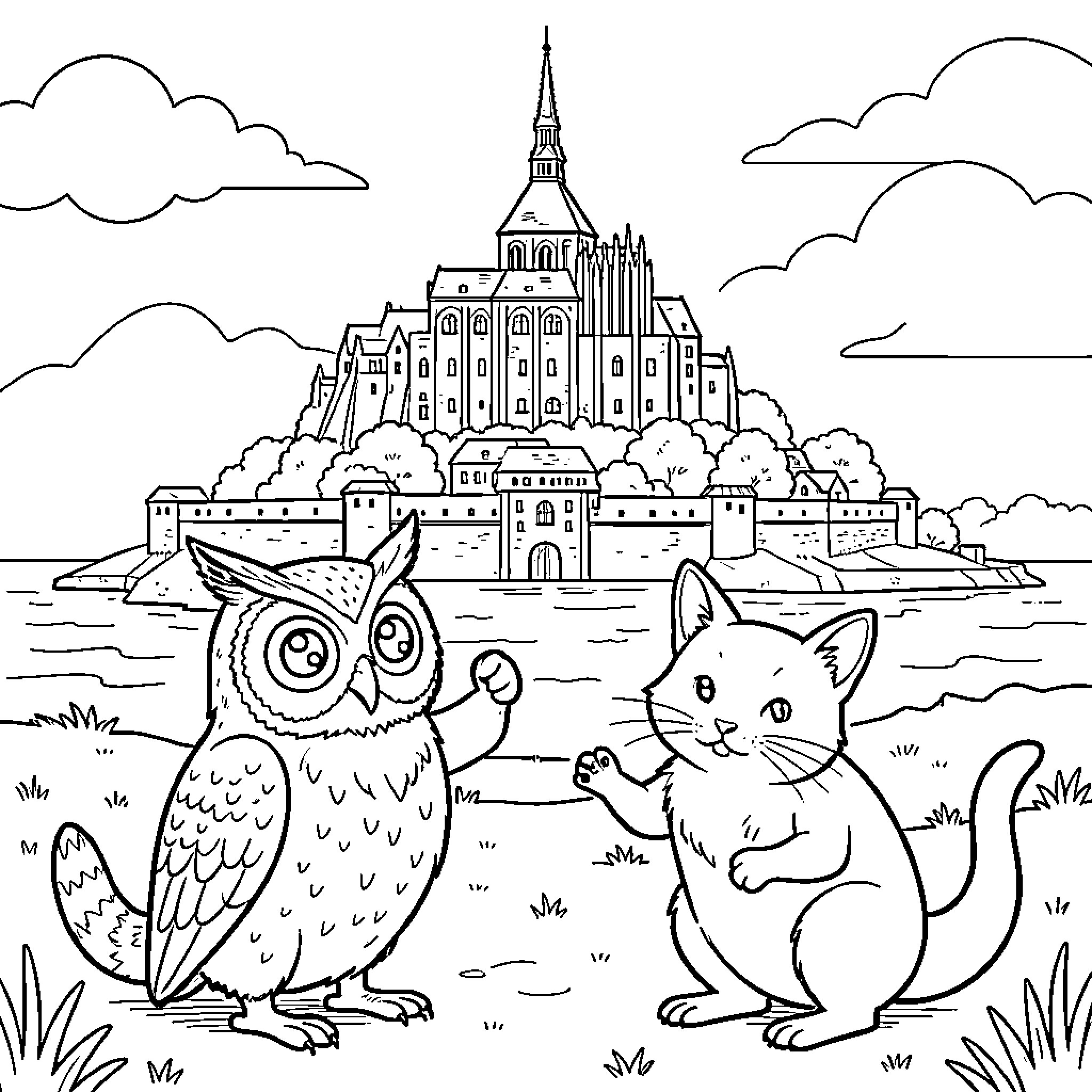 Owl and cat waving at each other near a castle Coloring Page (free black-and-white line drawing printable PDF for all, from beginners to advanced learners, including children, teens, adults, and seniors)