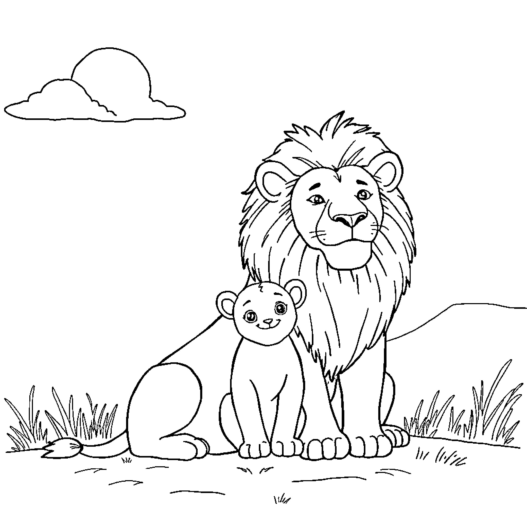 Lion and cub in the wild Coloring Page (free black-and-white line drawing printable PDF for all, from beginners to advanced learners, including children, teens, adults, and seniors)