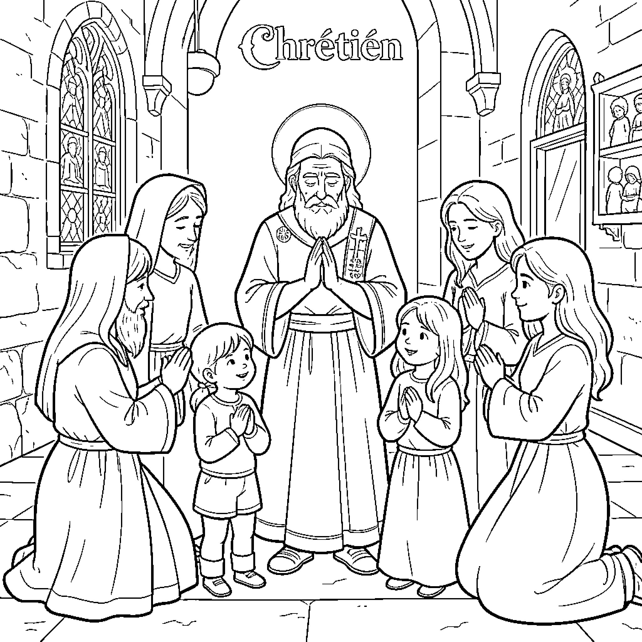 Christian family praying together in a church setting Coloring Page (free black-and-white line drawing printable PDF for all, from beginners to advanced learners, including children, teens, adults, and seniors)