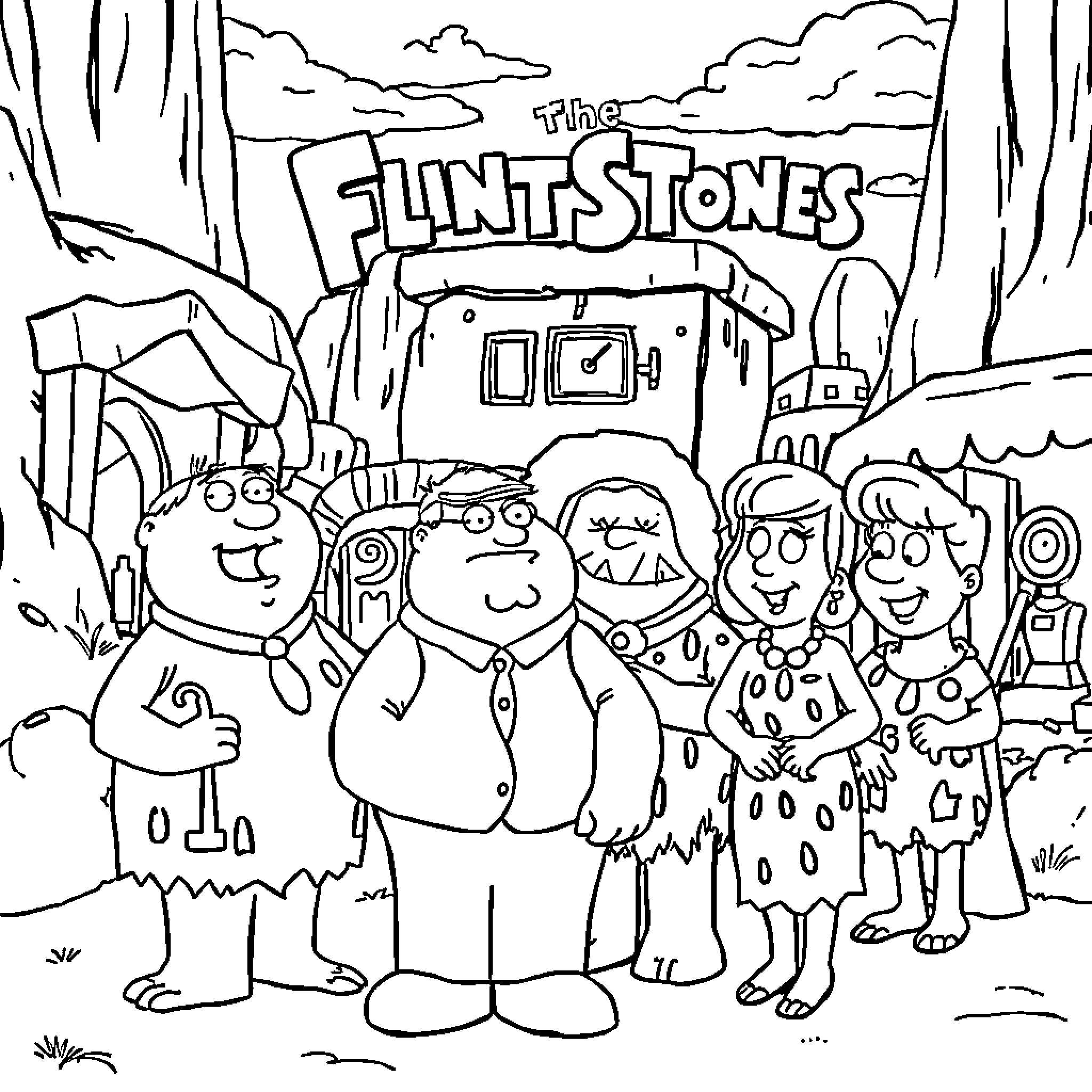 Family Guy Characters in the Flintstone-Inspired Scene Coloring Page (free black-and-white line drawing printable PDF for all, from beginners to advanced learners, including children, teens, adults, and seniors)