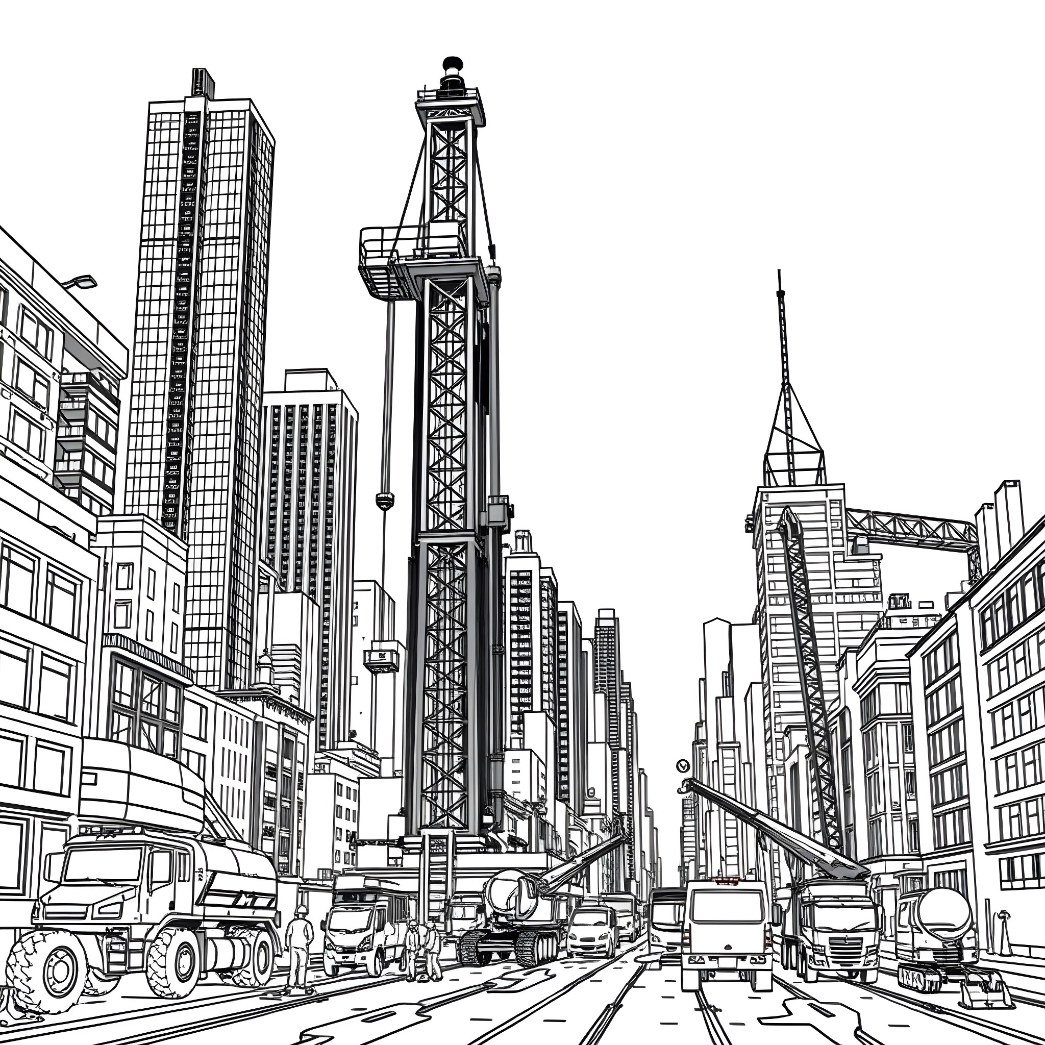 Piling Rig at Work in Busy Urban Cityscape Coloring Page (free black-and-white line drawing printable PDF for all, from beginners to advanced learners, including children, teens, adults, and seniors)