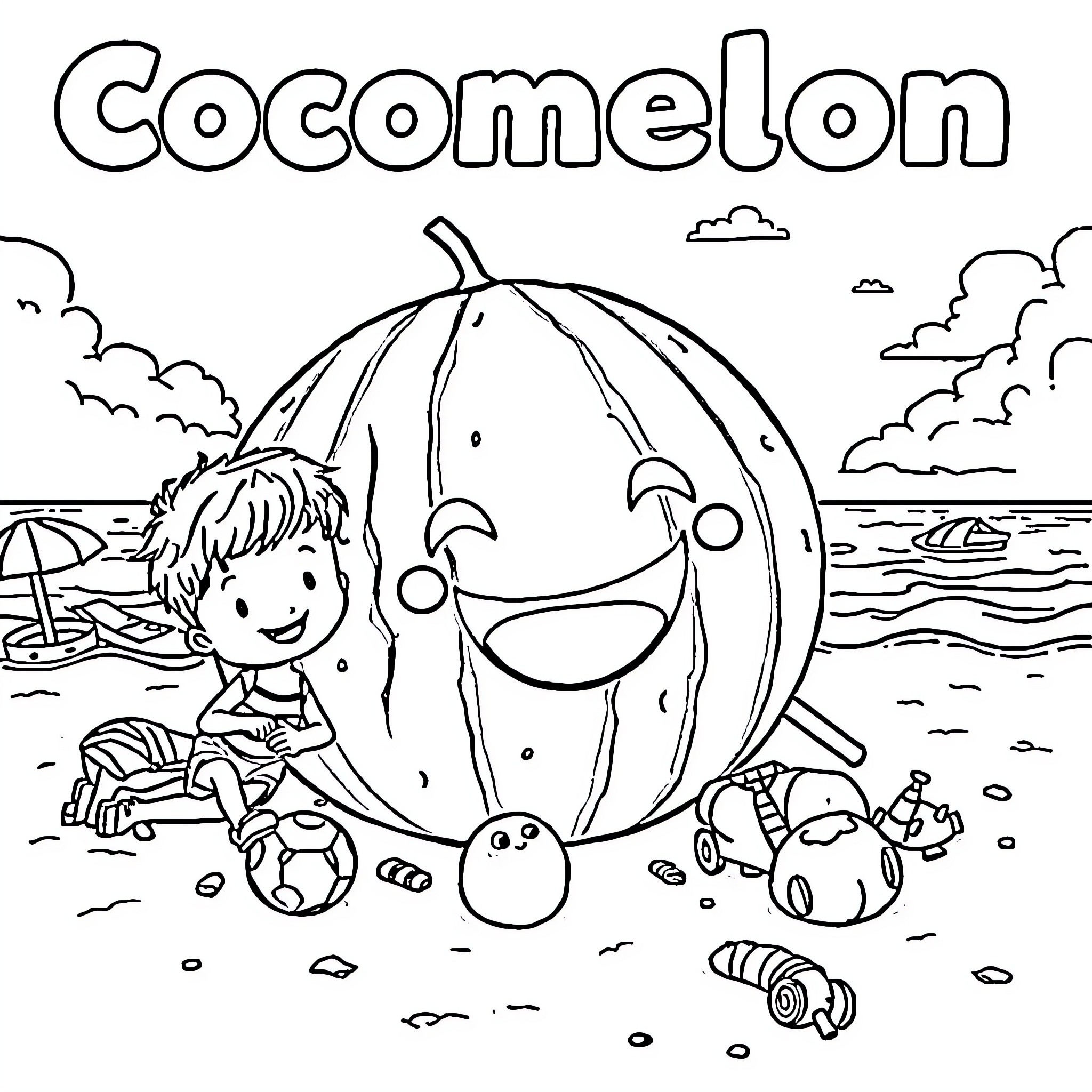 Cocomelon - Boy playing on the beach with inflatable toys Coloring Page (free black-and-white line drawing printable PDF for all, from beginners to advanced learners, including children, teens, adults, and seniors)
