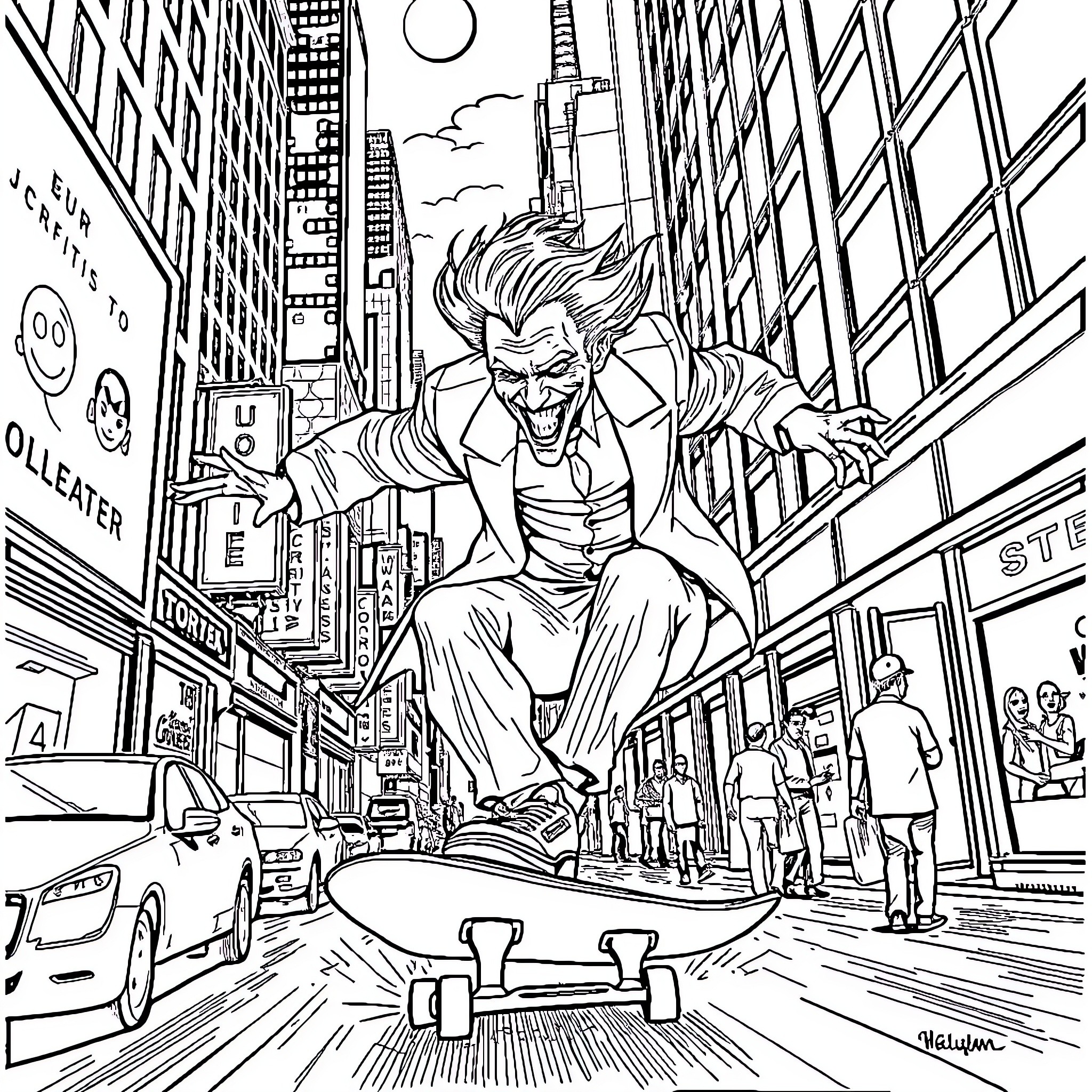 Joker unleashing chaos in the city streets Coloring Page (free black-and-white line drawing printable PDF for all, from beginners to advanced learners, including children, teens, adults, and seniors)