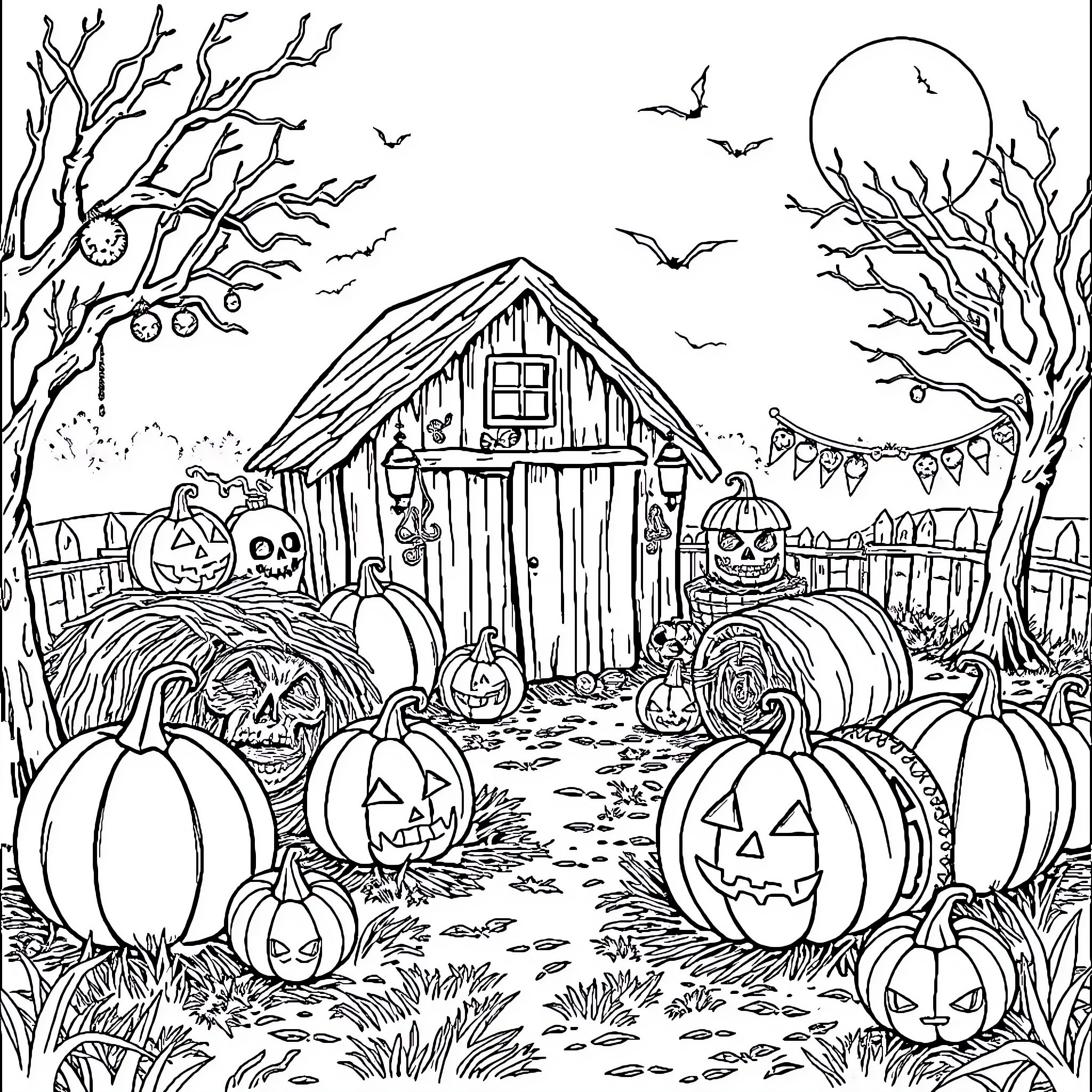 Farm with Spooky Halloween Decor and Pumpkins Coloring Page (free black-and-white line drawing printable PDF for all, from beginners to advanced learners, including children, teens, adults, and seniors)
