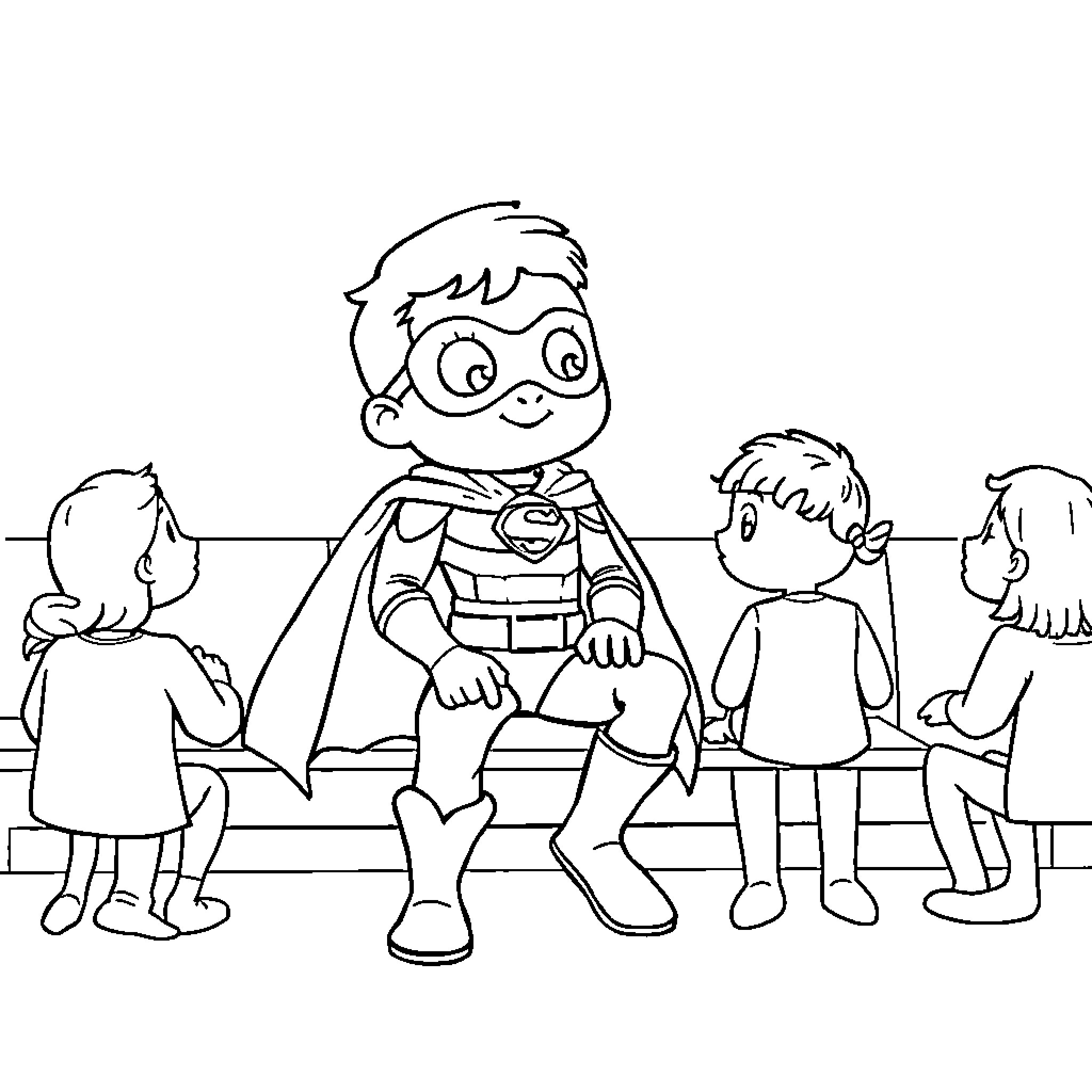 Superhero teaching children in the classroom Coloring Page (free black-and-white line drawing printable PDF for all, from beginners to advanced learners, including children, teens, adults, and seniors)
