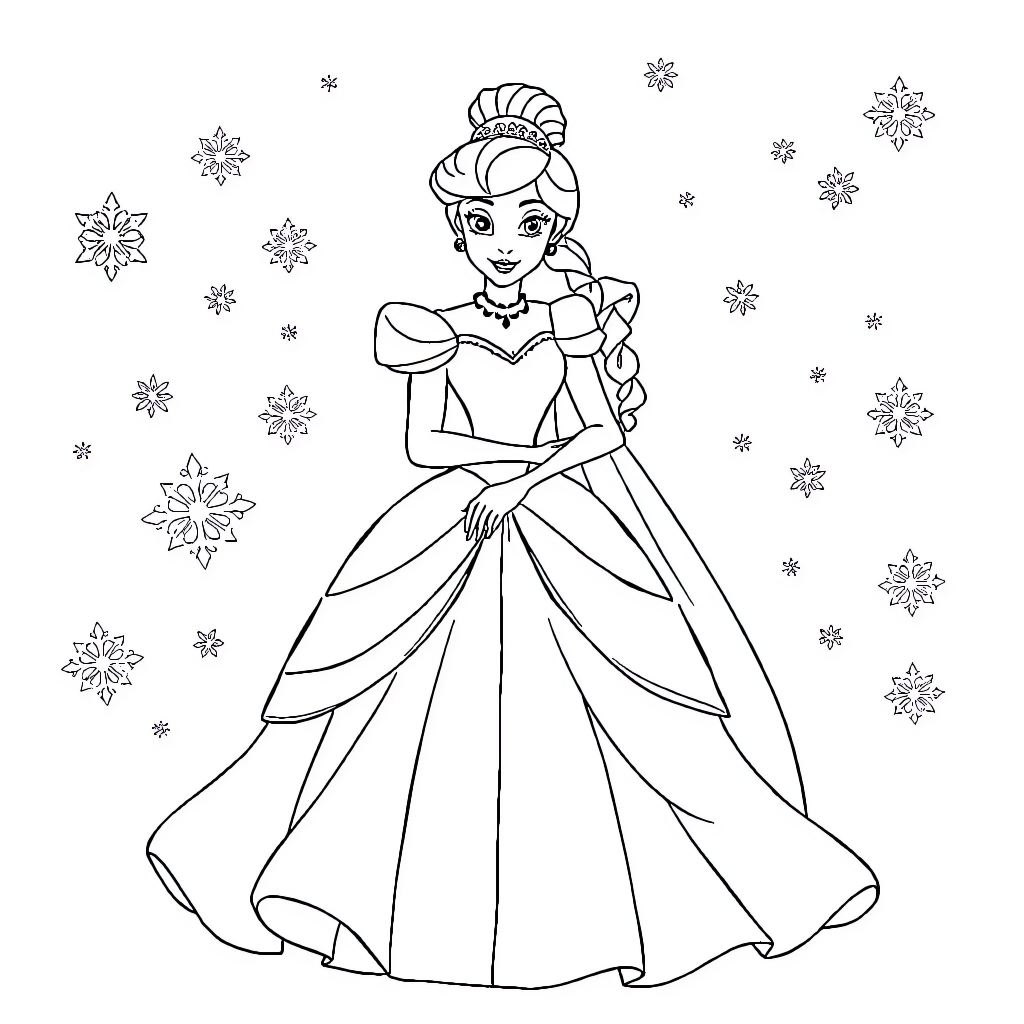Cinderella in her beautiful winter ball gown Coloring Page (free black-and-white line drawing printable PDF for all, from beginners to advanced learners, including children, teens, adults, and seniors)