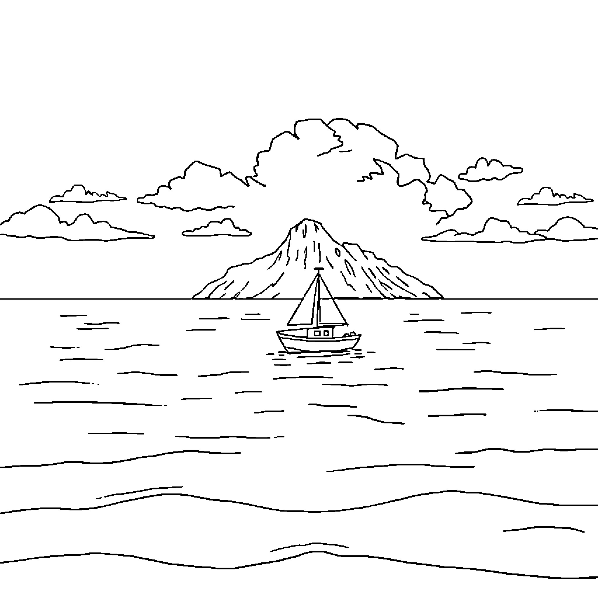 Boat sailing towards mountainous landscape Coloring Page (free black-and-white line drawing printable PDF for all, from beginners to advanced learners, including children, teens, adults, and seniors)