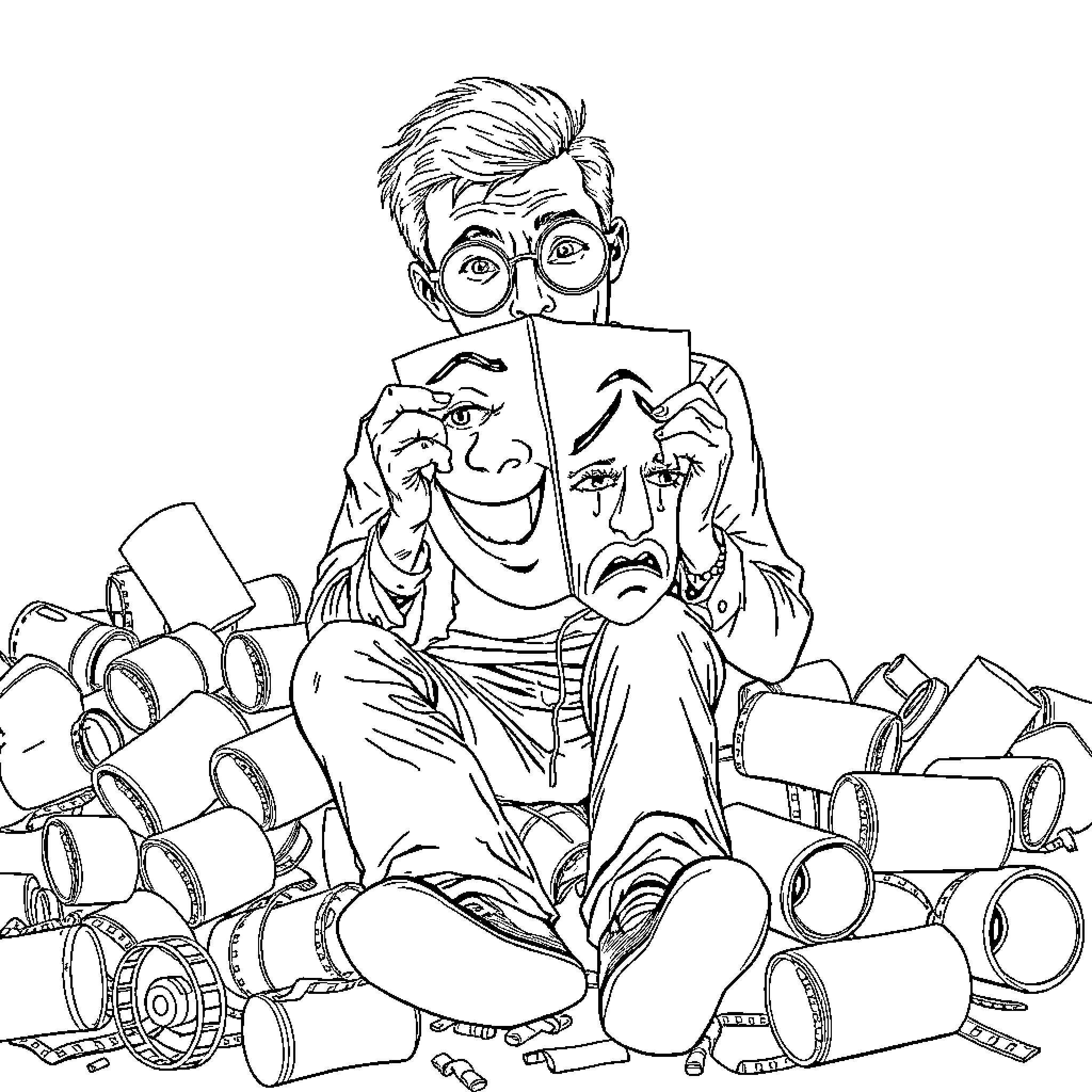 Man sitting among books and film reels in a chaotic scene Coloring Page (free black-and-white line drawing printable PDF for all, from beginners to advanced learners, including children, teens, adults, and seniors)