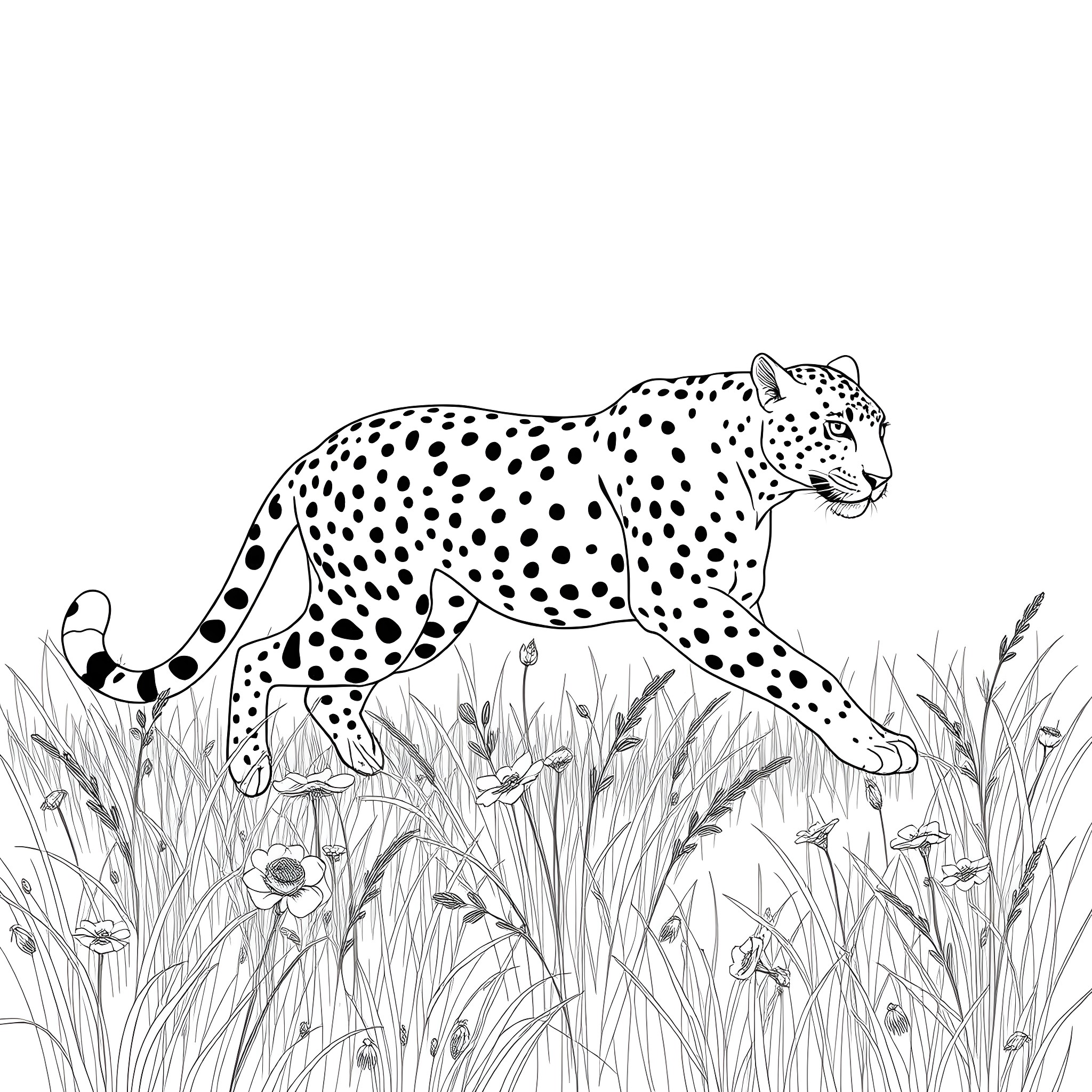 Leopard stalking silently through the tall grass Coloring Page (free black-and-white line drawing printable PDF for all, from beginners to advanced learners, including children, teens, adults, and seniors)