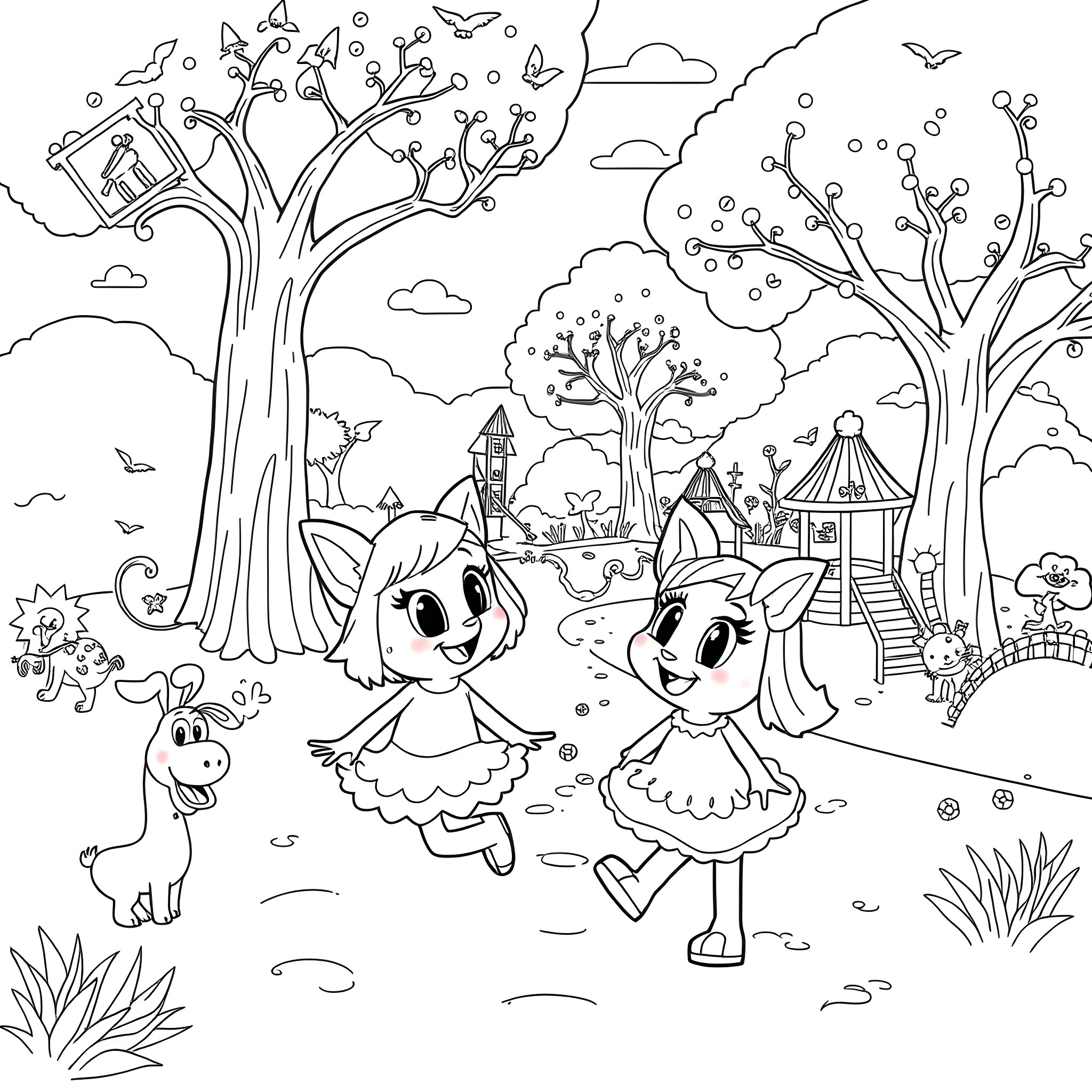 Bluey's Whimsical Adventure in the Enchanted Forest Coloring Page (free black-and-white line drawing printable PDF for all, from beginners to advanced learners, including children, teens, adults, and seniors)