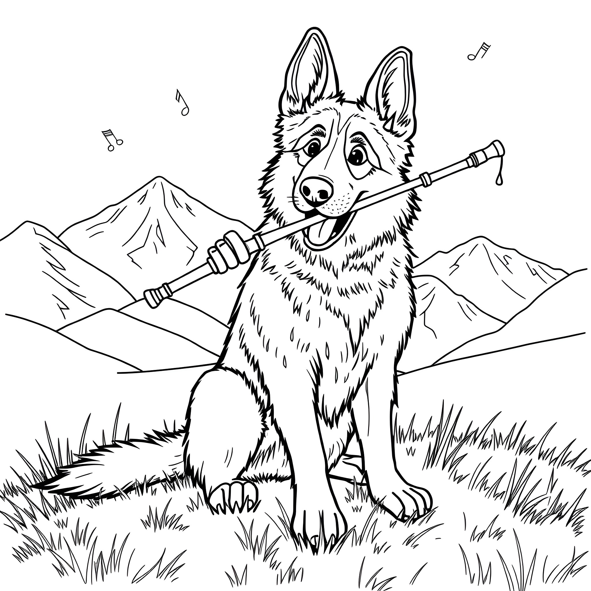 German Shepherd playing with musical instrument in the mountains Coloring Page (free black-and-white line drawing printable PDF for all, from beginners to advanced learners, including children, teens, adults, and seniors)