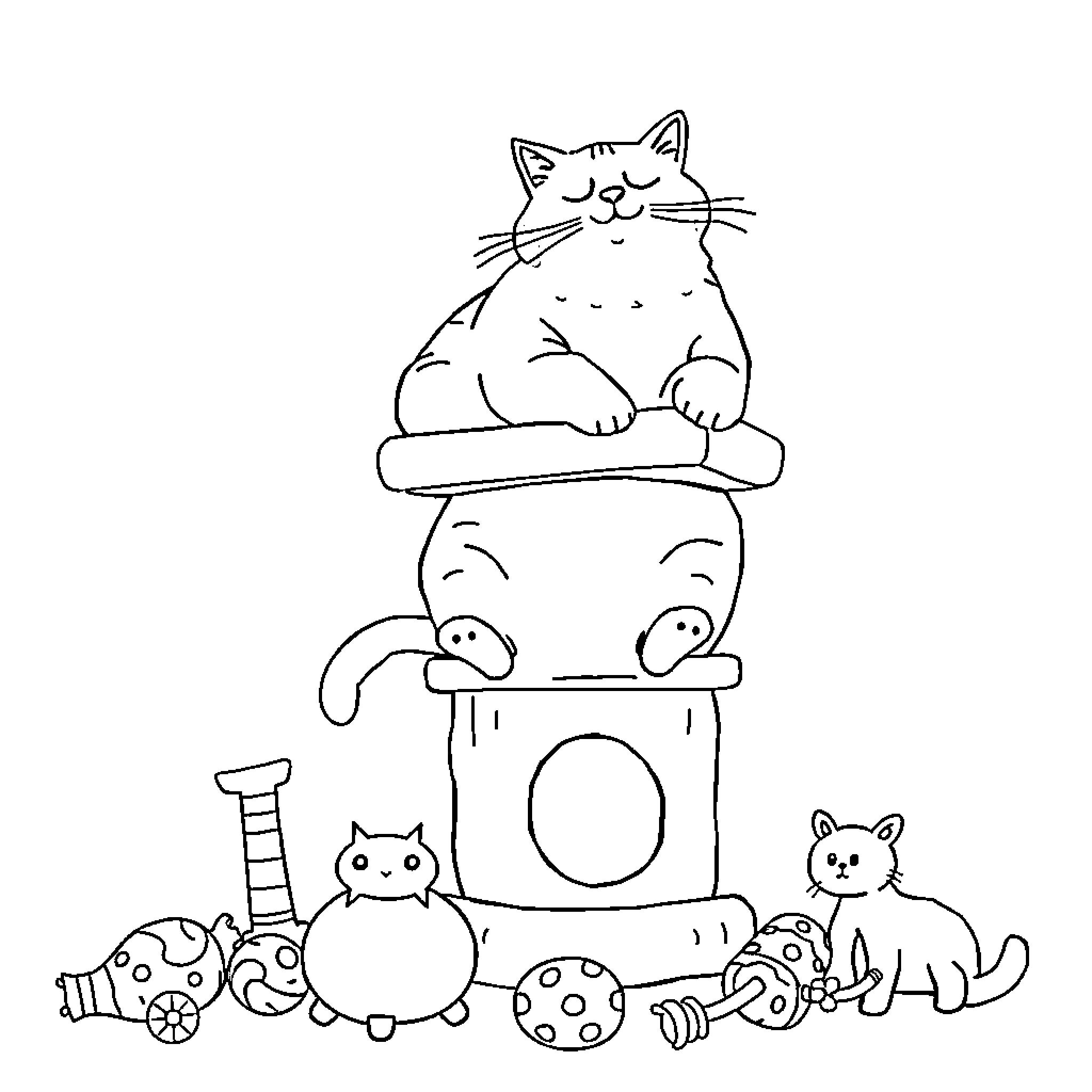 Cat relaxing on a washing machine with toys Coloring Page (free black-and-white line drawing printable PDF for all, from beginners to advanced learners, including children, teens, adults, and seniors)