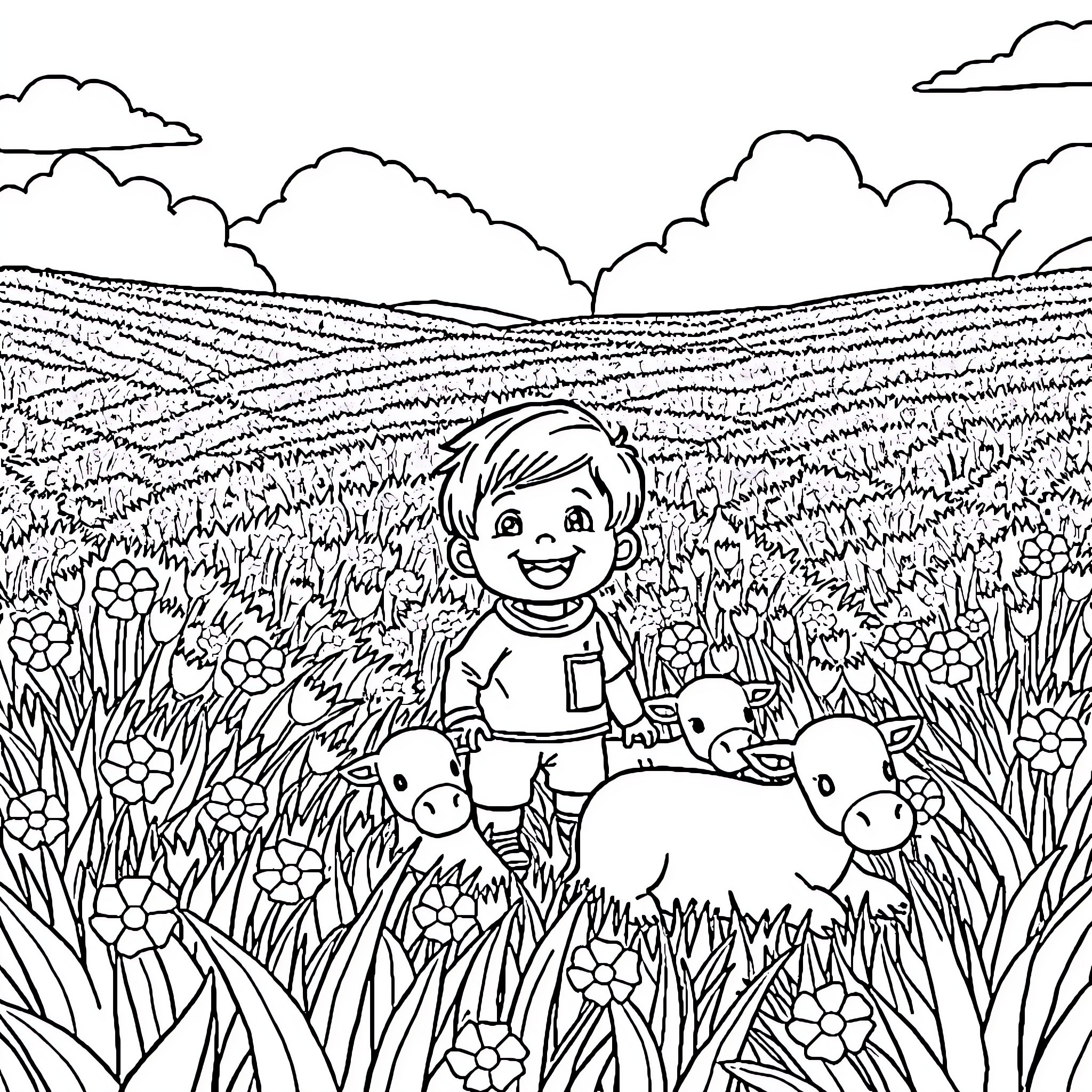 Child exploring a lush countryside landscape Coloring Page (free black-and-white line drawing printable PDF for all, from beginners to advanced learners, including children, teens, adults, and seniors)