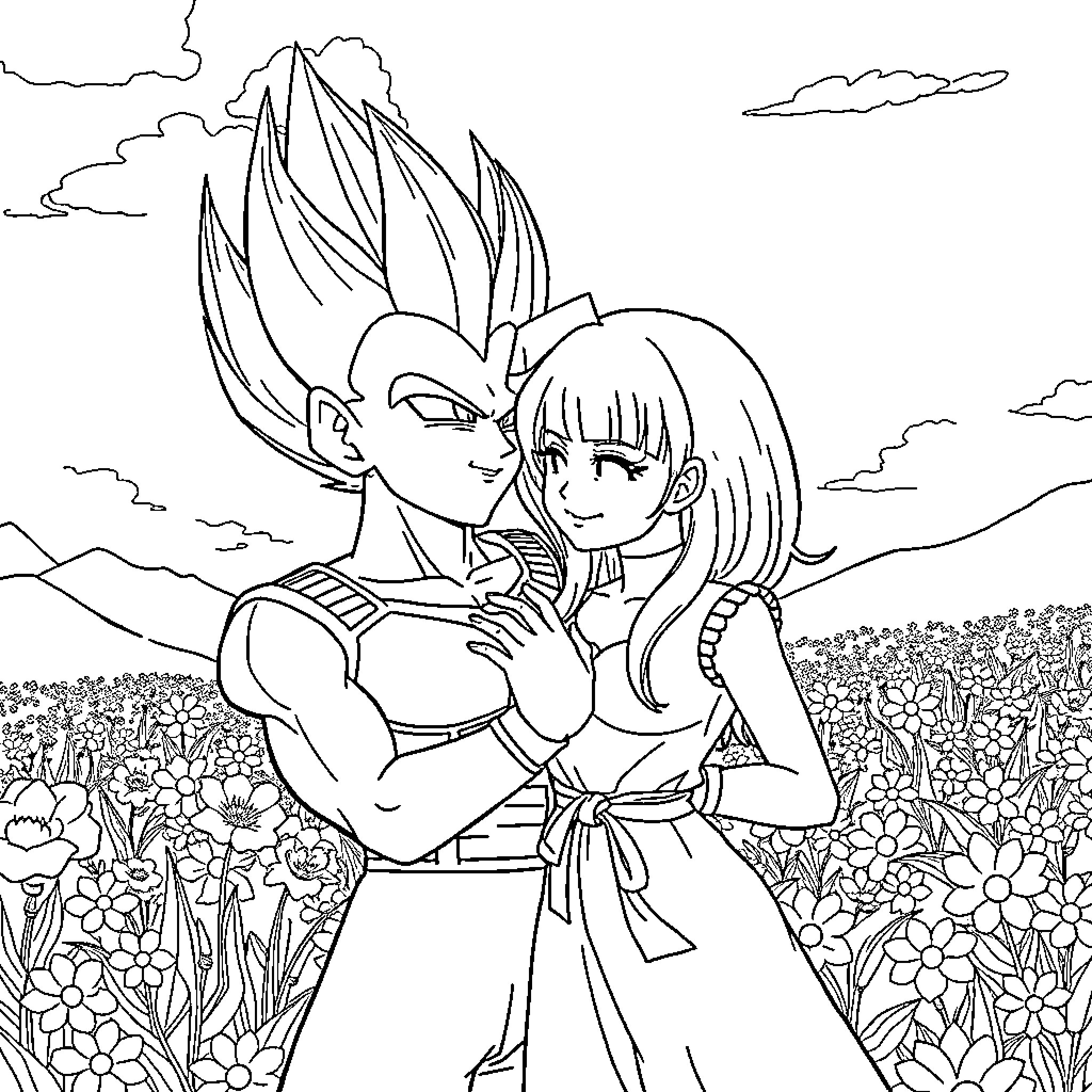 Vegeta and his companion in a serene floral setting Coloring Page (free black-and-white line drawing printable PDF for all, from beginners to advanced learners, including children, teens, adults, and seniors)