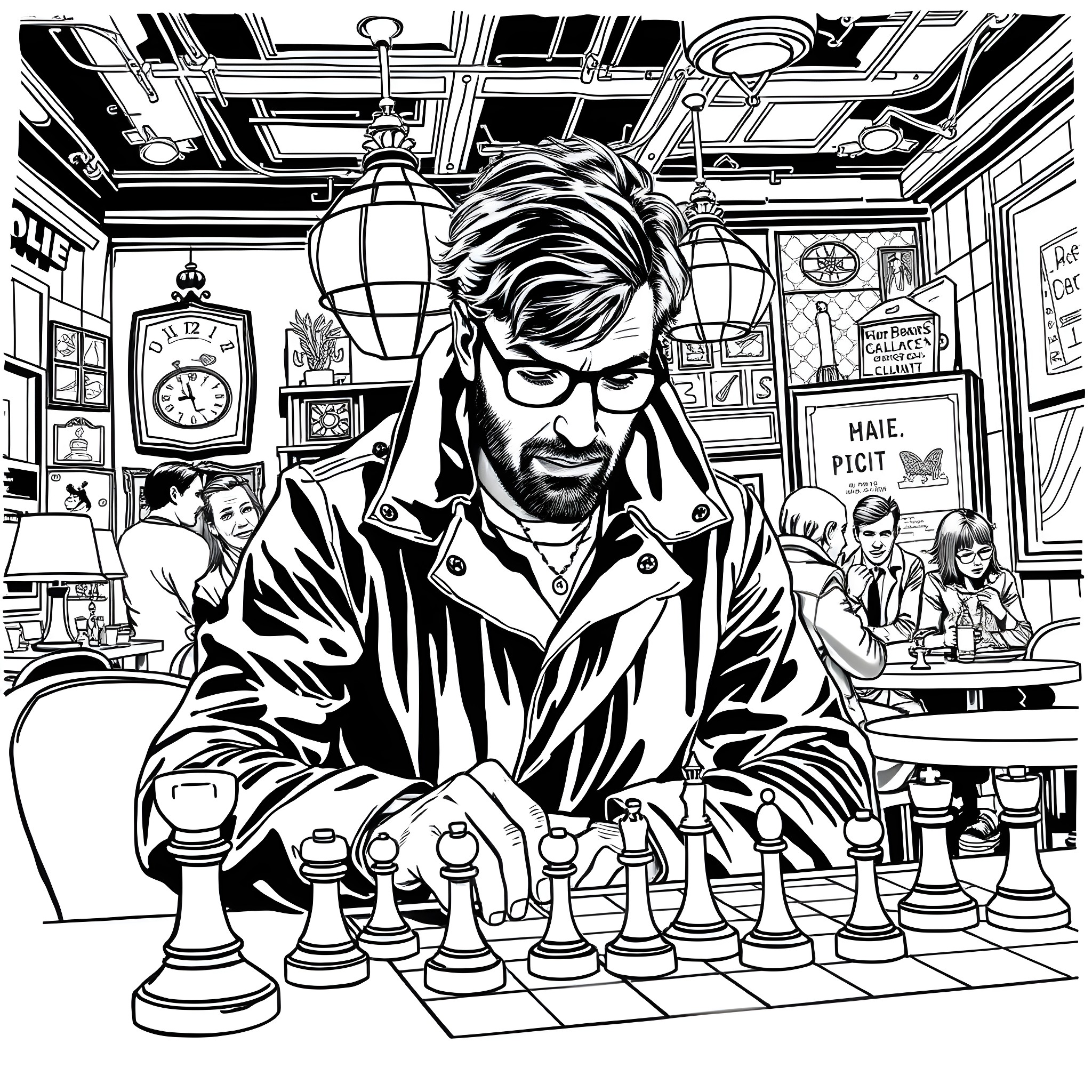 Liam Gallagher playing chess in a cafe Coloring Page (free black-and-white line drawing printable PDF for all, from beginners to advanced learners, including children, teens, adults, and seniors)