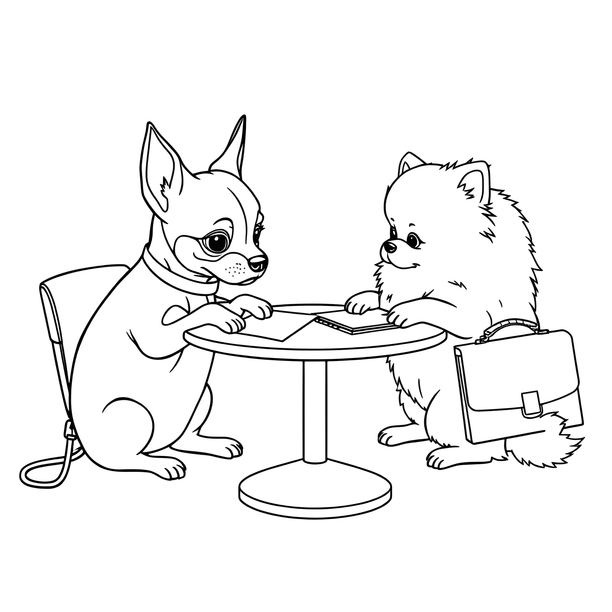 Puppy Pals Sharing a Desk Coloring Page (free black-and-white line drawing printable PDF for all, from beginners to advanced learners, including children, teens, adults, and seniors)