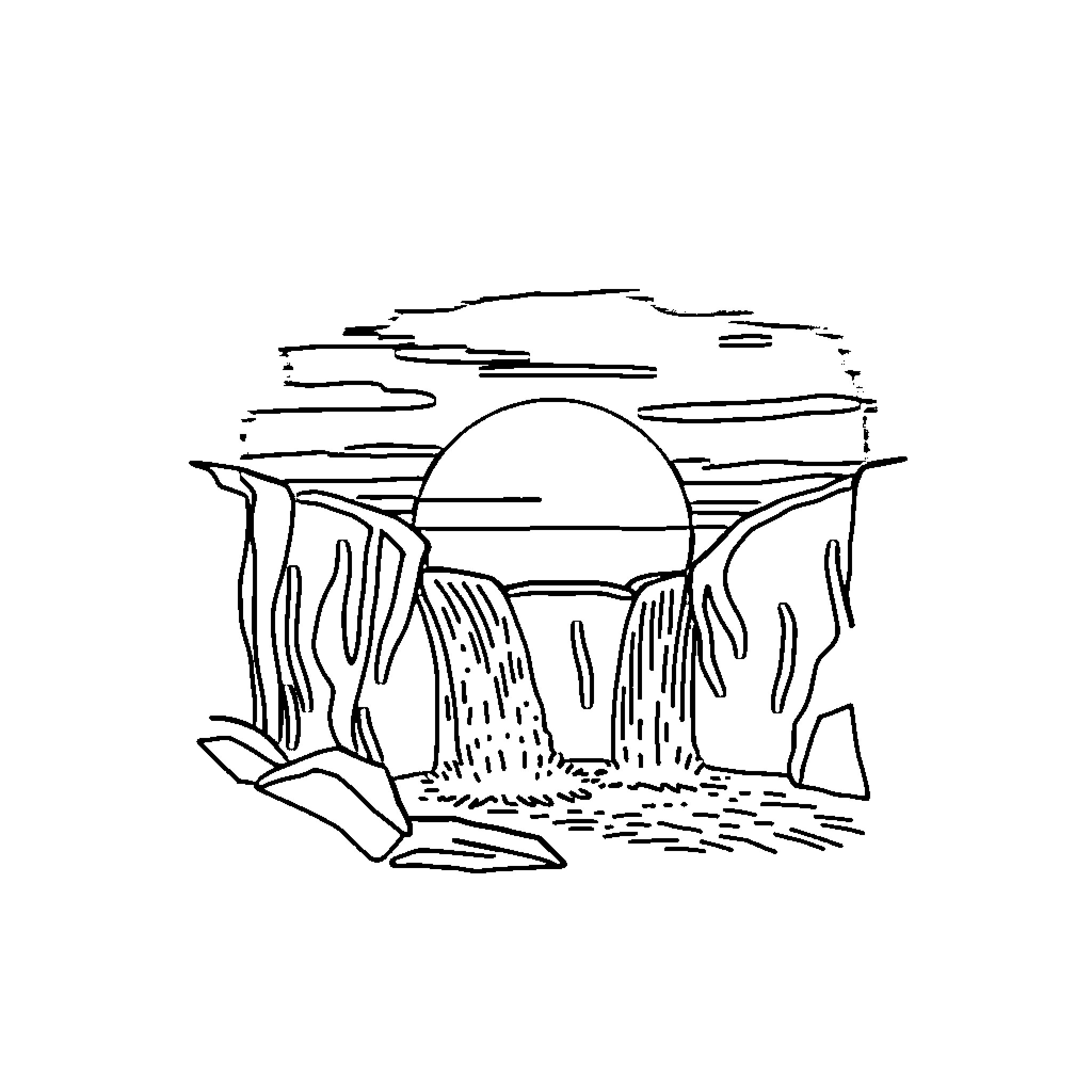 Sunset over the majestic waterfall Coloring Page (free black-and-white line drawing printable PDF for all, from beginners to advanced learners, including children, teens, adults, and seniors)