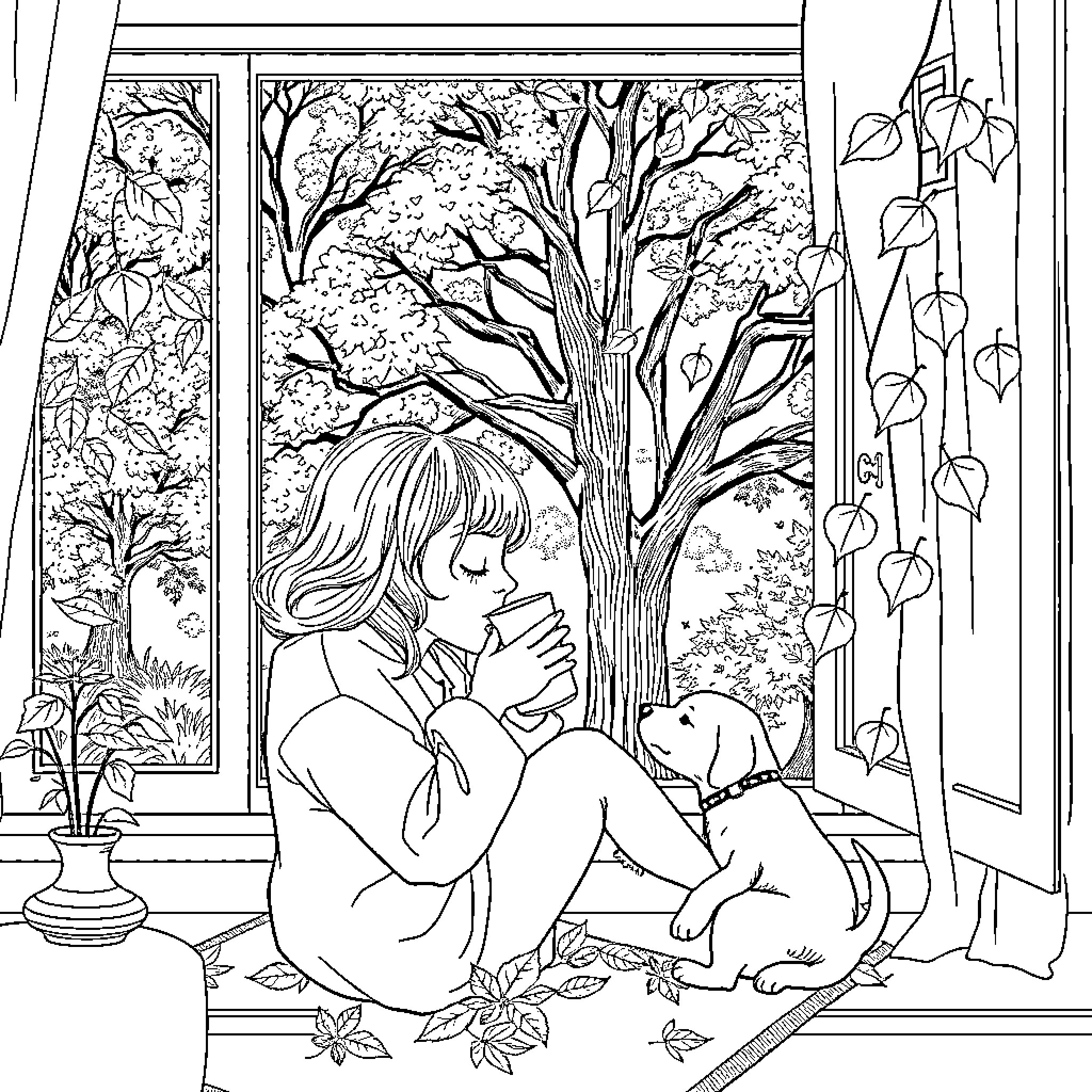 Woman contemplating with her companion pet by the window Coloring Page (free black-and-white line drawing printable PDF for all, from beginners to advanced learners, including children, teens, adults, and seniors)