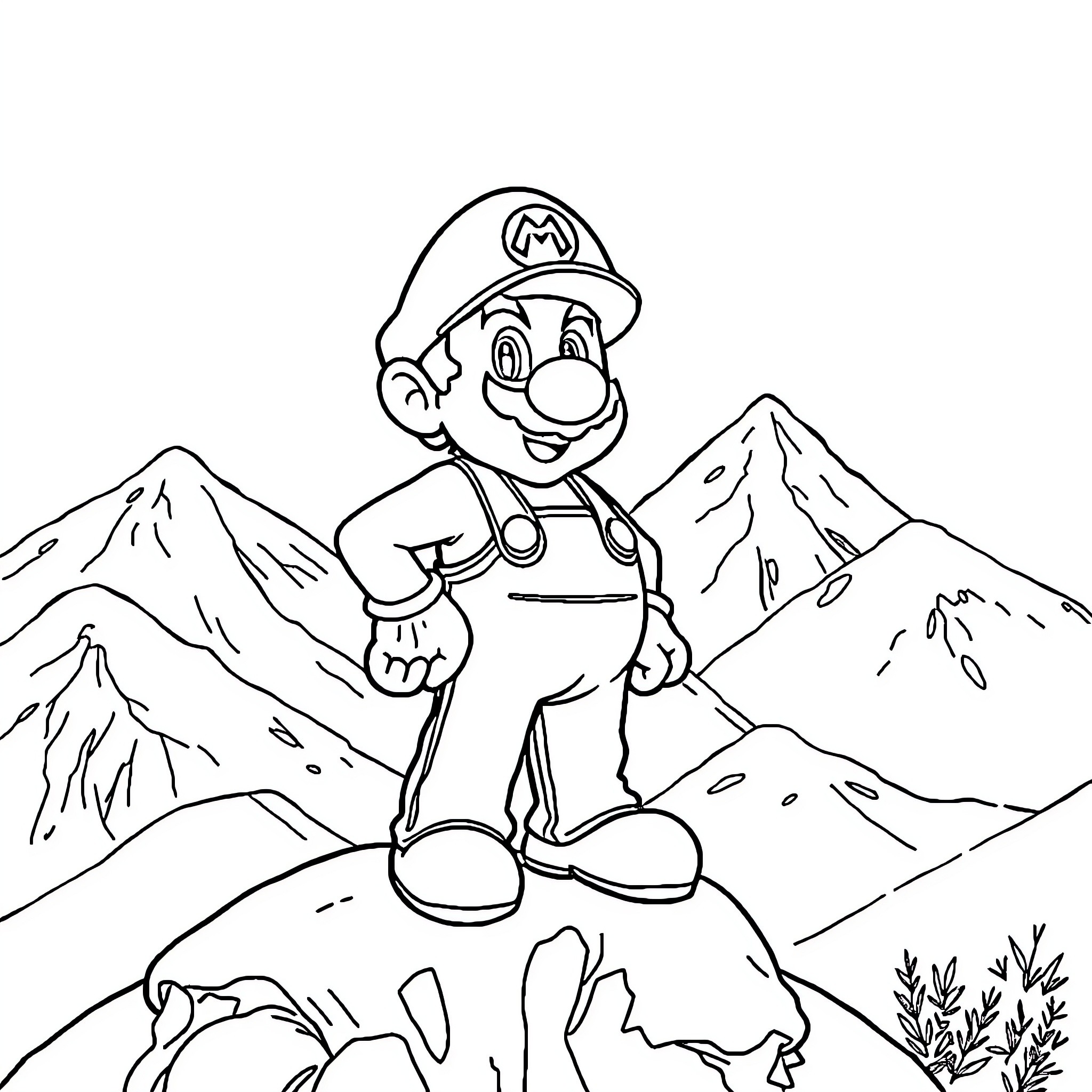 Mario Adventuring in the Mountains Coloring Page (free black-and-white line drawing printable PDF for all, from beginners to advanced learners, including children, teens, adults, and seniors)