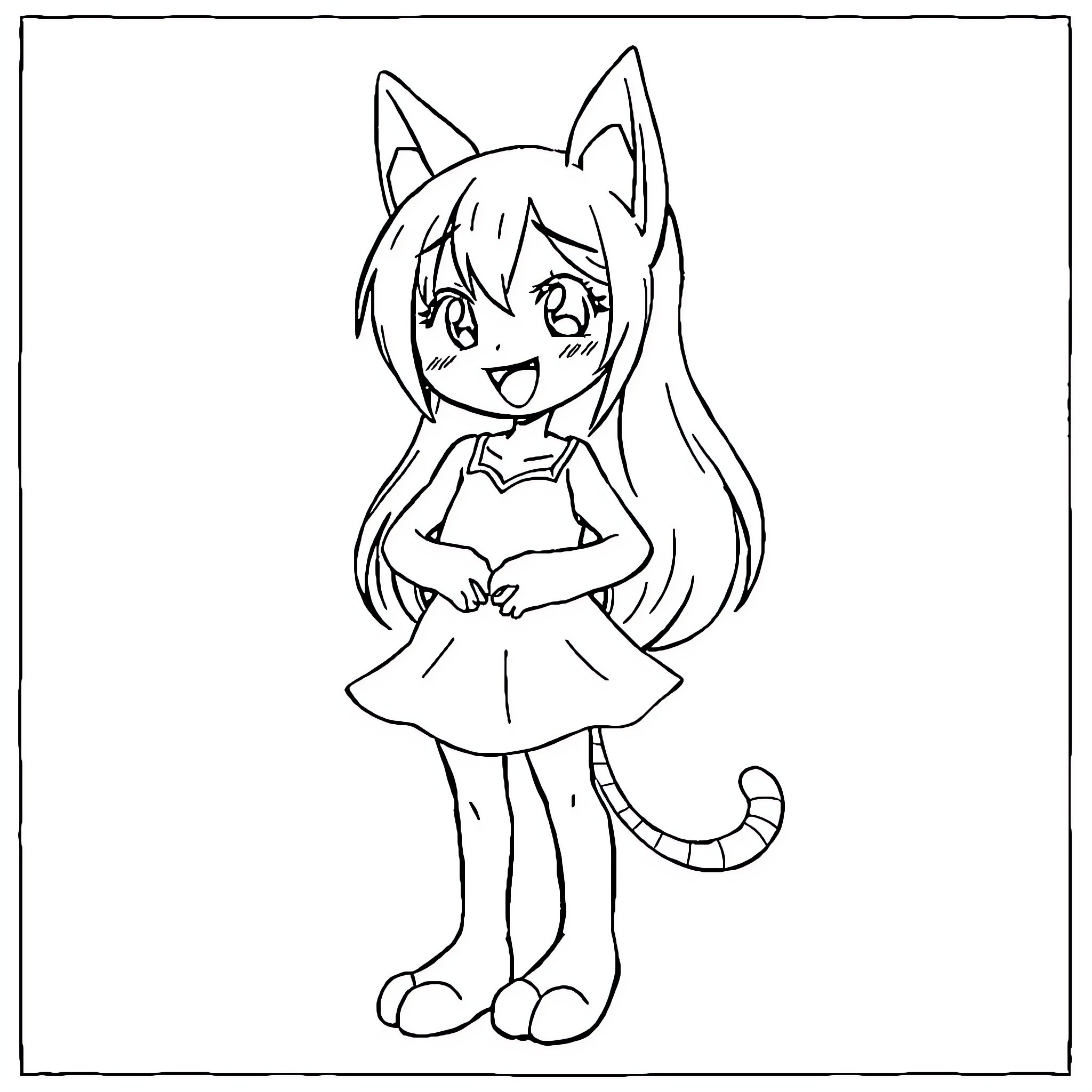 Misaki's Cheerful Anime-Style Illustration Coloring Page (free black-and-white line drawing printable PDF for all, from beginners to advanced learners, including children, teens, adults, and seniors)