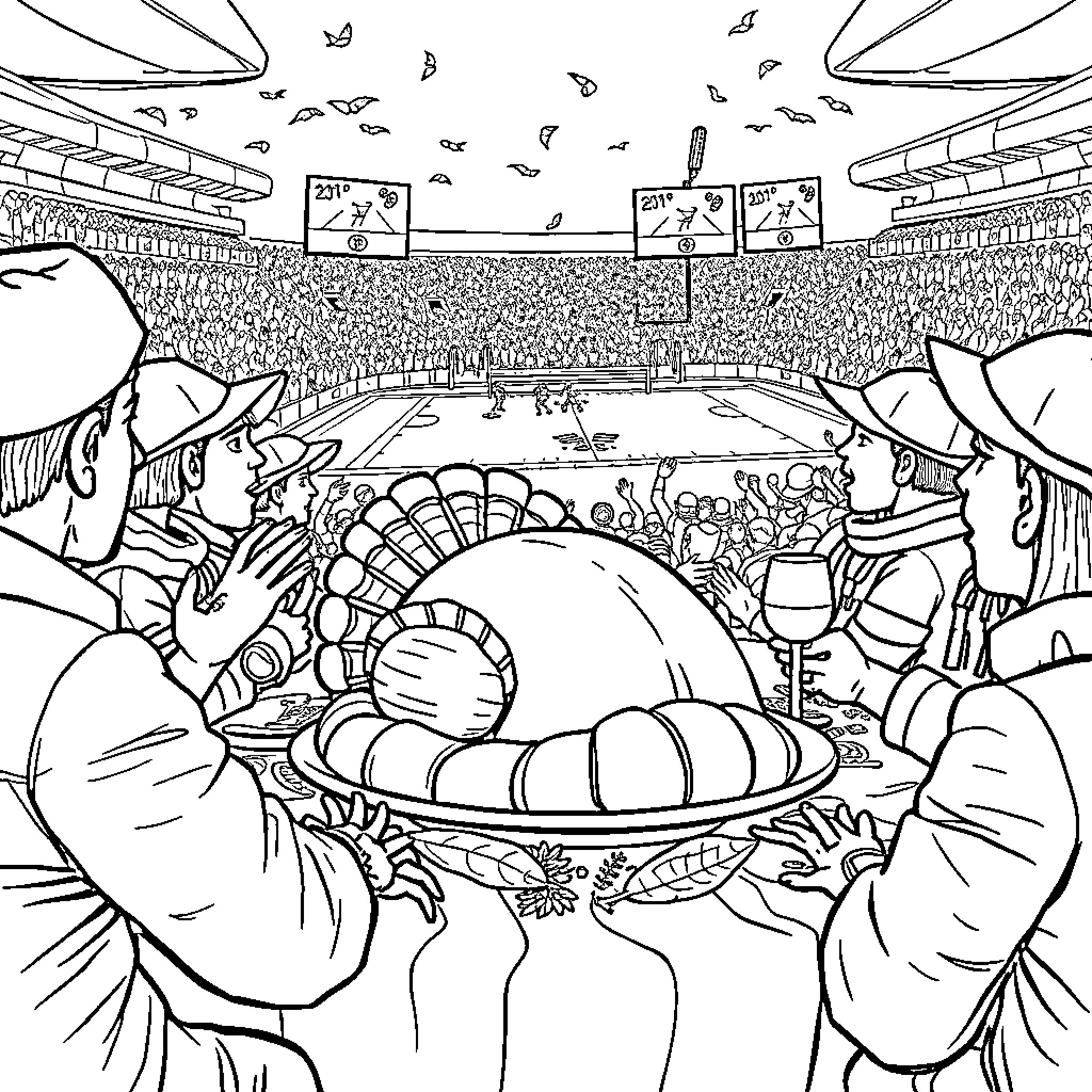 Turkey Thanksgiving Parade in Stadium Coloring Page (free black-and-white line drawing printable PDF for all, from beginners to advanced learners, including children, teens, adults, and seniors)