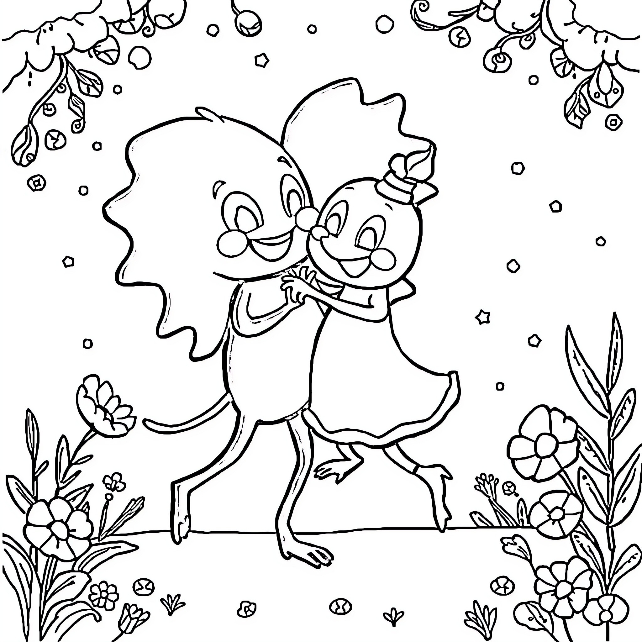 Labubu dancing cheerfully in a floral meadow Coloring Page (free black-and-white line drawing printable PDF for all, from beginners to advanced learners, including children, teens, adults, and seniors)