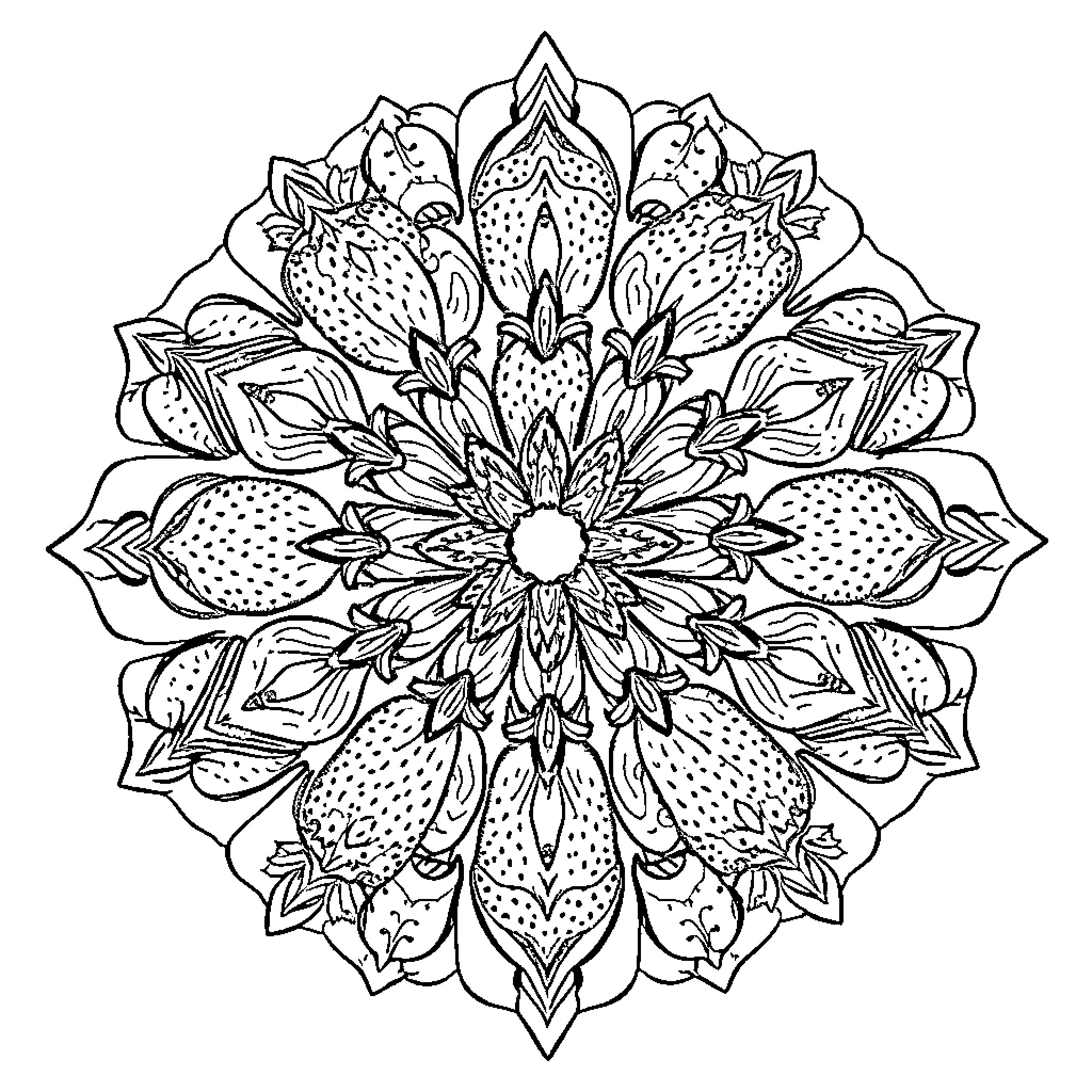 Strawberry Mandala Flower Design Coloring Page (free black-and-white line drawing printable PDF for all, from beginners to advanced learners, including children, teens, adults, and seniors)