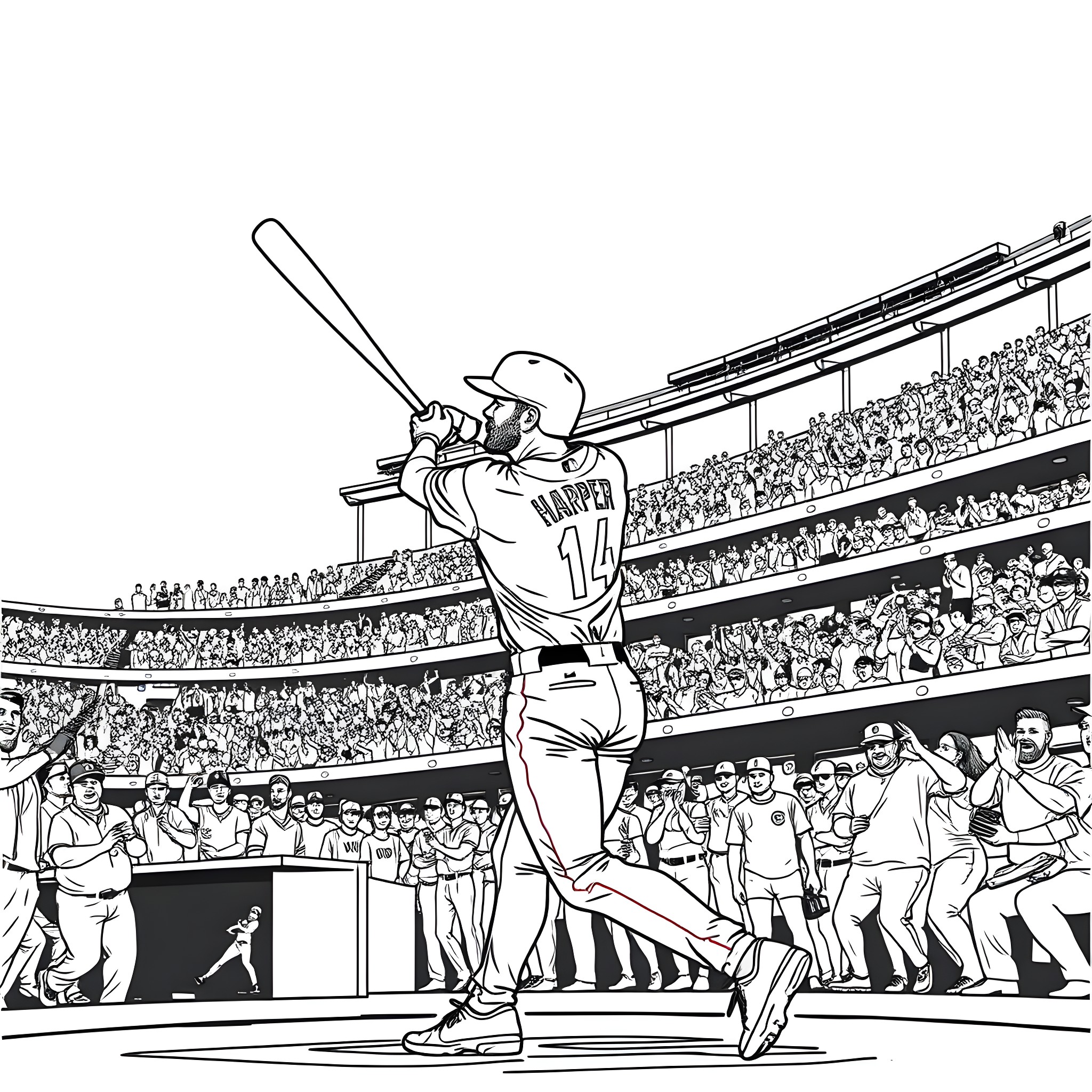 Bryce Harper batting at the stadium Coloring Page (free black-and-white line drawing printable PDF for all, from beginners to advanced learners, including children, teens, adults, and seniors)