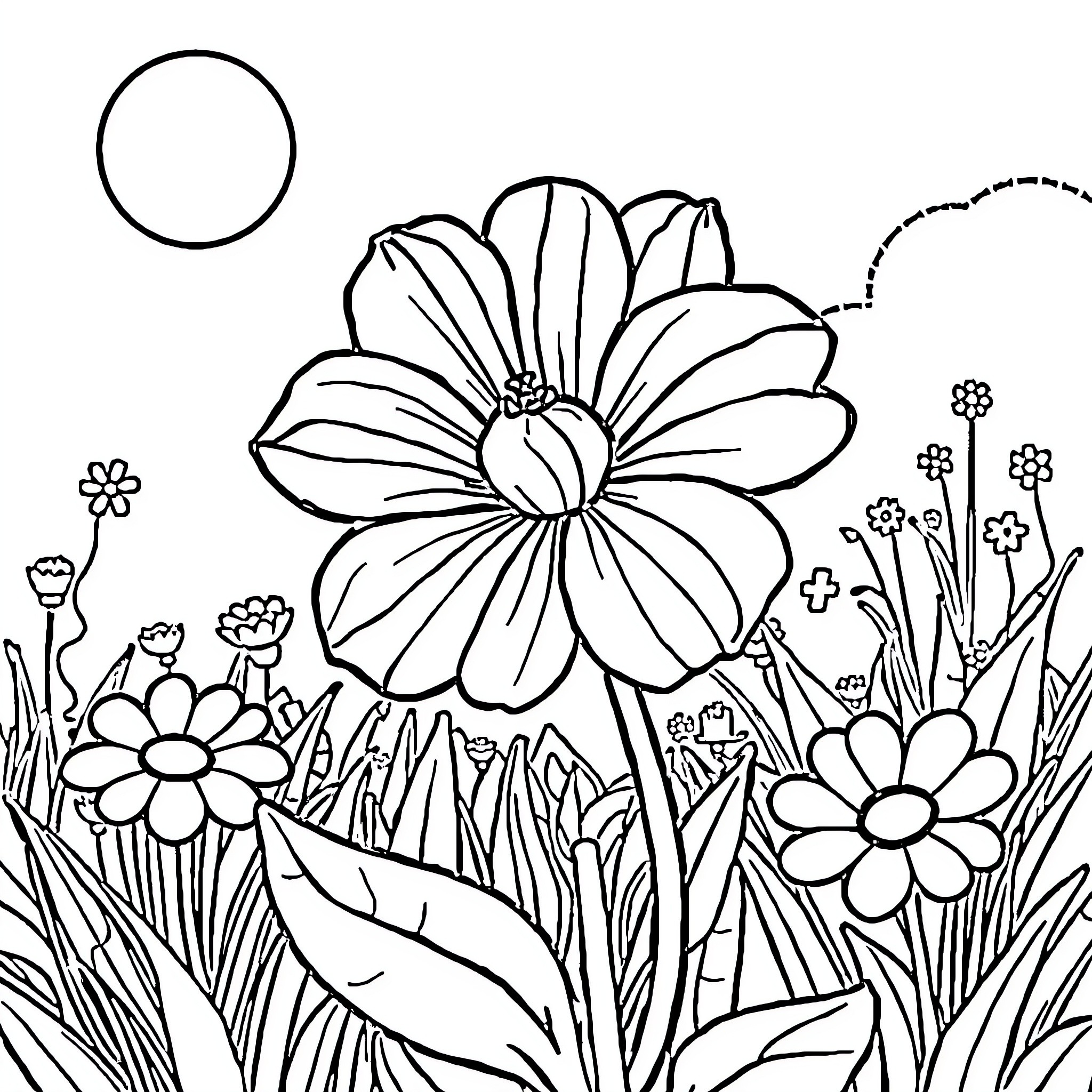 Flower garden with blooming flowers and grass Coloring Page (free black-and-white line drawing printable PDF for all, from beginners to advanced learners, including children, teens, adults, and seniors)