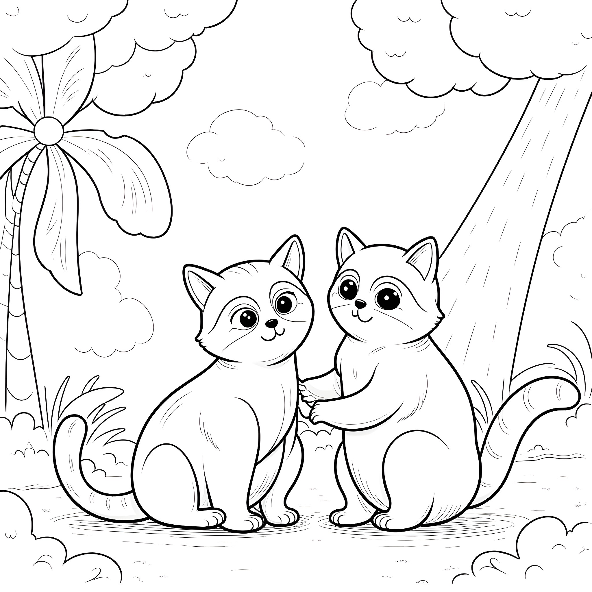 Cats playing together in the rain Coloring Page (free black-and-white line drawing printable PDF for all, from beginners to advanced learners, including children, teens, adults, and seniors)