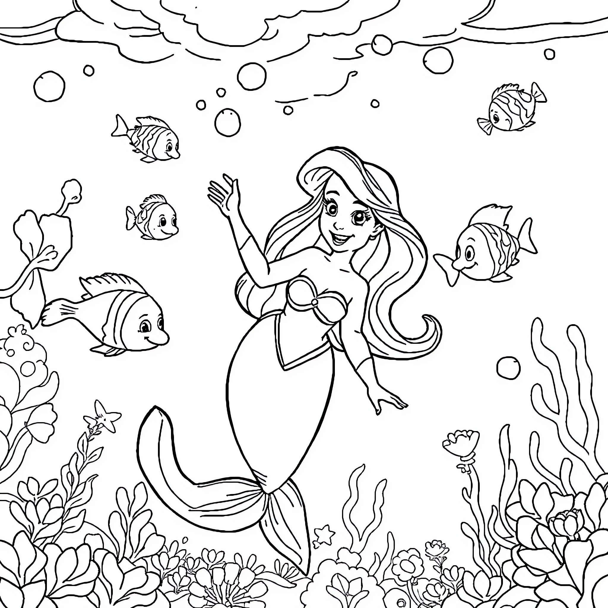 Ariel exploring the underwater world with marine life Coloring Page (free black-and-white line drawing printable PDF for all, from beginners to advanced learners, including children, teens, adults, and seniors)