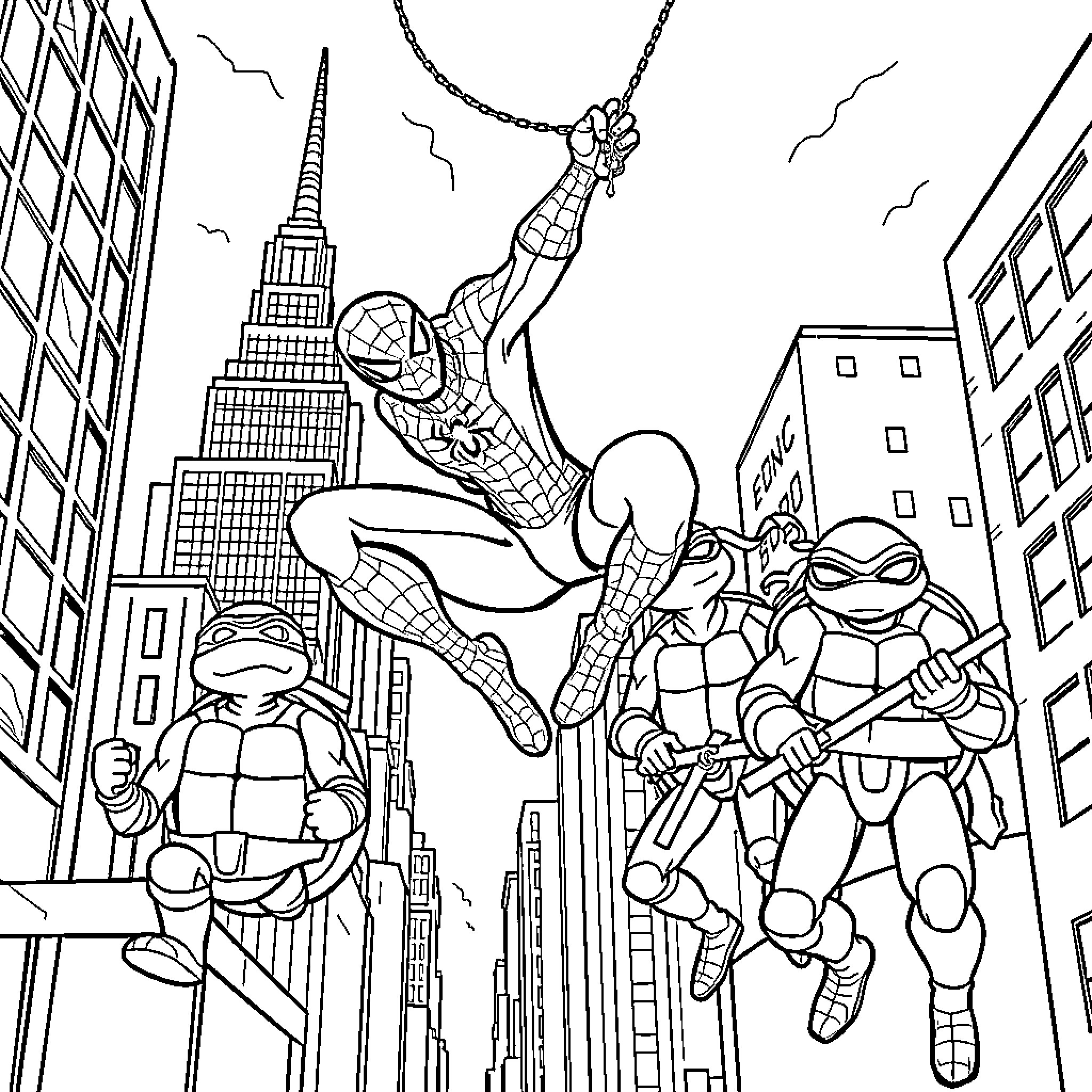 Spider-Man swinging through the city with heroic action Coloring Page (free black-and-white line drawing printable PDF for all, from beginners to advanced learners, including children, teens, adults, and seniors)