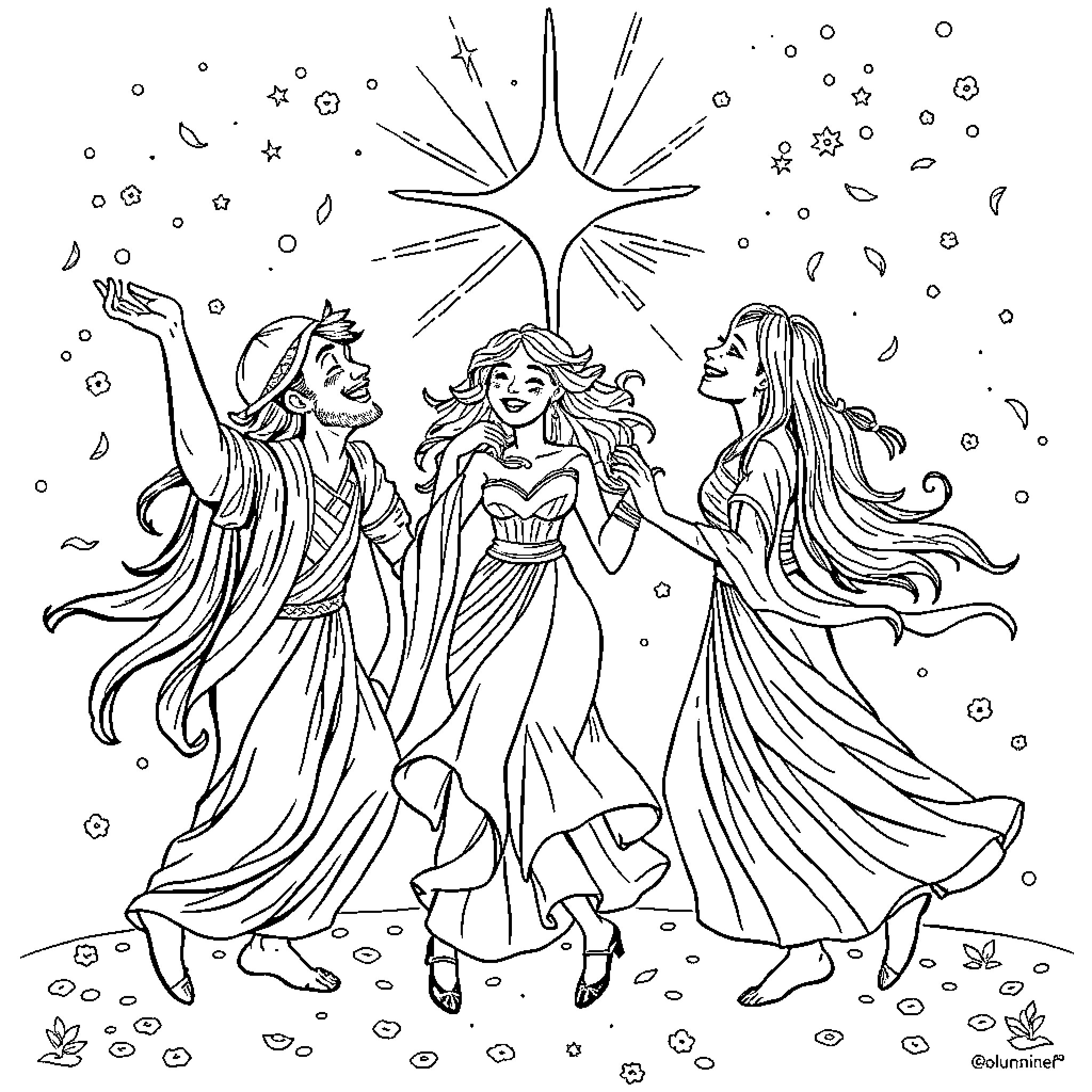 Ancestors Celebrating with Joyful Dancing Coloring Page (free black-and-white line drawing printable PDF for all, from beginners to advanced learners, including children, teens, adults, and seniors)