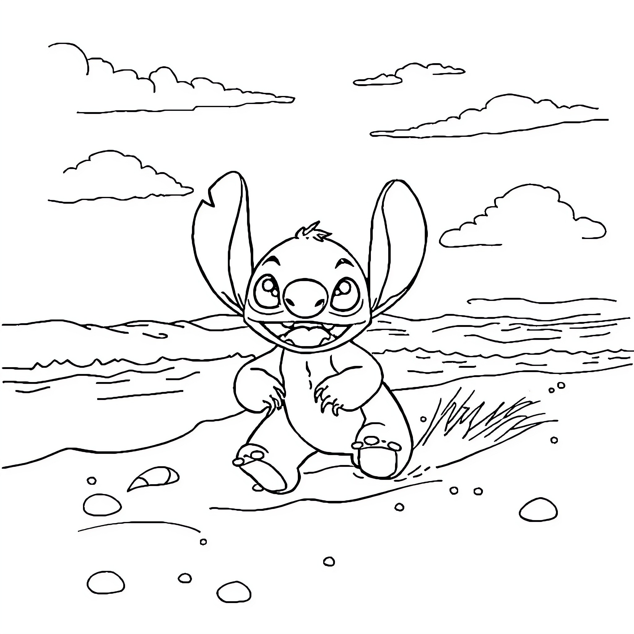 Stitch enjoying a day at the beach Coloring Page (free black-and-white line drawing printable PDF for all, from beginners to advanced learners, including children, teens, adults, and seniors)