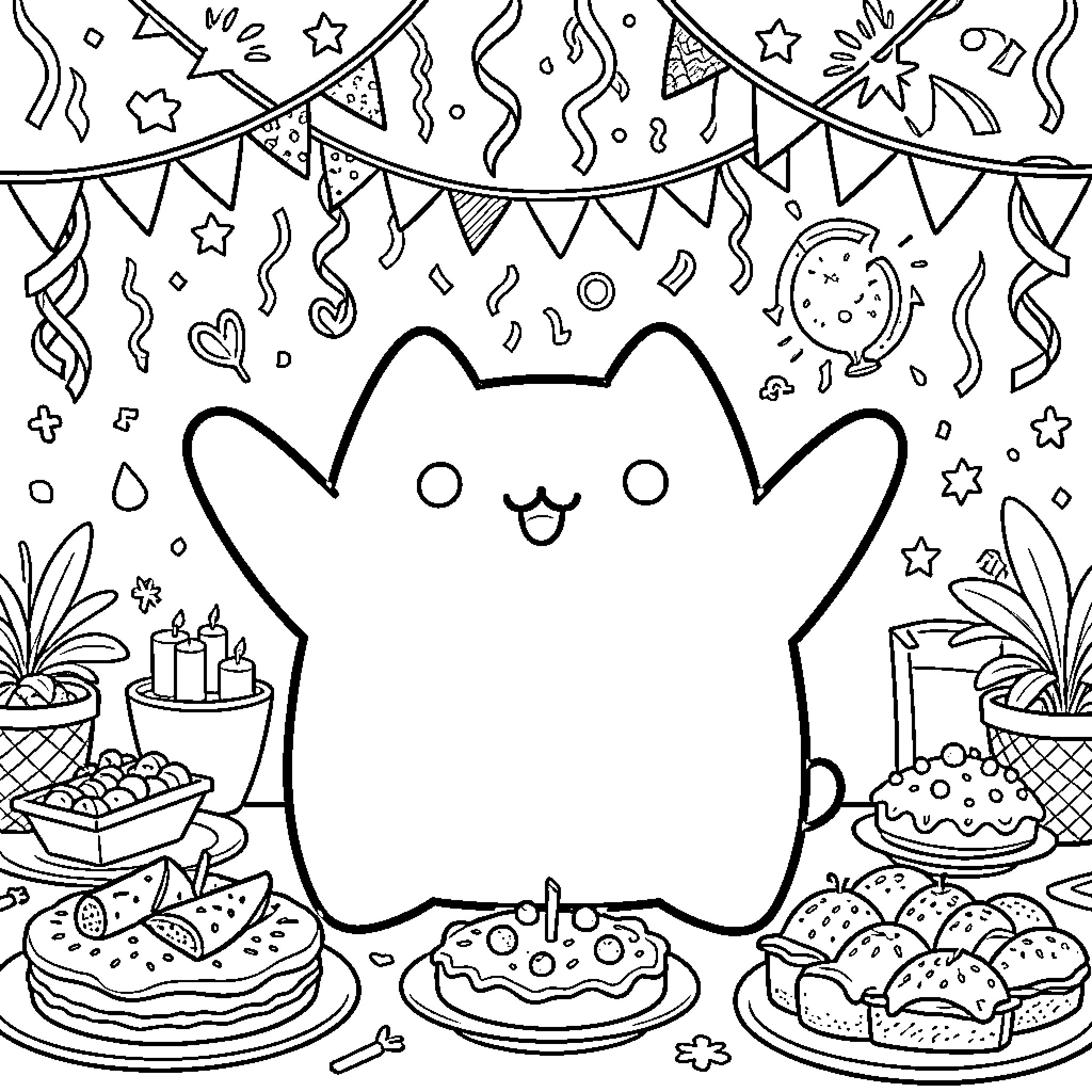 Pusheen enjoying the party with treats and decorations Coloring Page (free black-and-white line drawing printable PDF for all, from beginners to advanced learners, including children, teens, adults, and seniors)